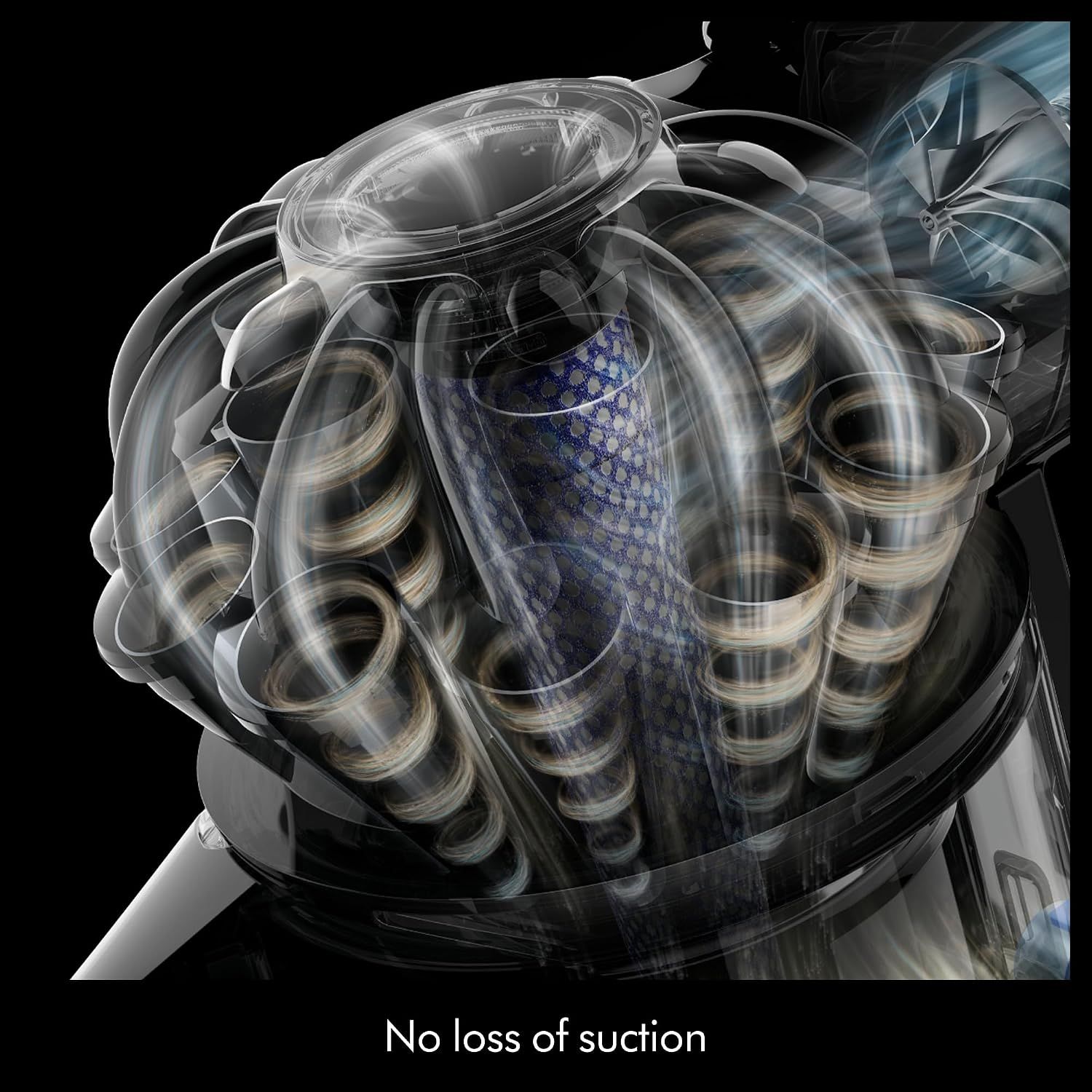 Reveals the internal cyclone and filtration structure to demonstrate advanced engineering and explain how the vacuum maintains consistent suction without loss. Communicates the key benefit of…