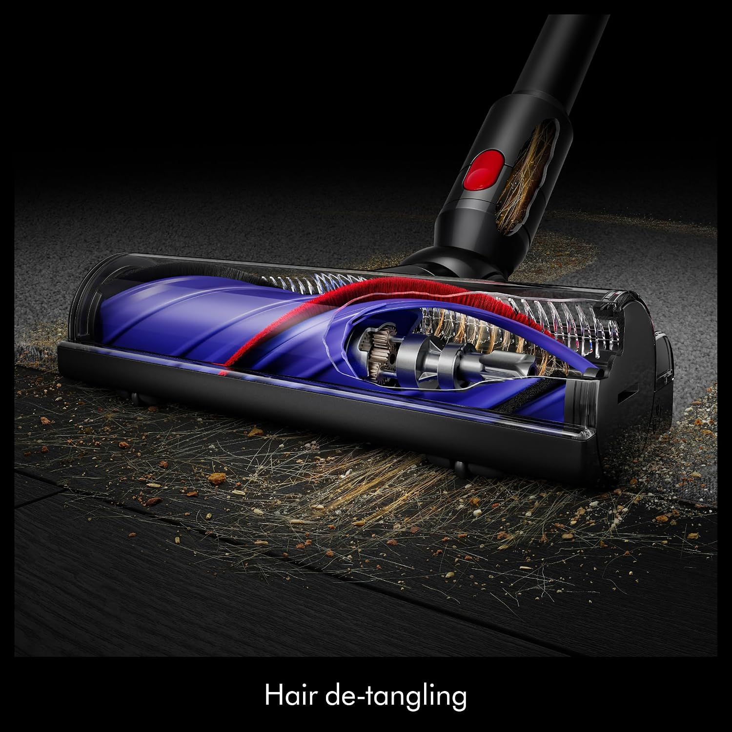 Shows the internal workings of the cleaner head to demonstrate the hair de-tangling technology and reassure shoppers that the brush bar prevents hair wrap. Highlights the specific benefit of…