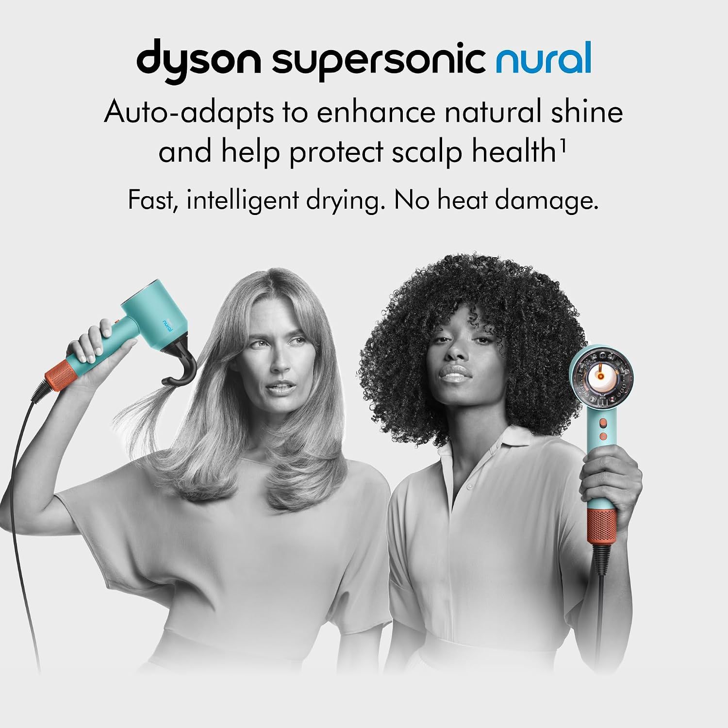 Highlights multiple key benefits of the Dyson Supersonic Nural hair dryer including intelligent auto-adaptation, shine enhancement, scalp protection, and fast damage-free drying to communicate…