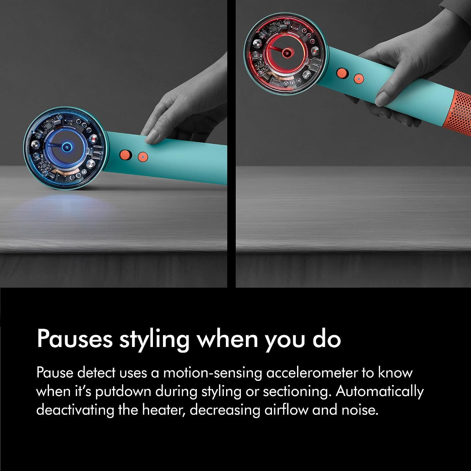 Demonstrates the intelligent pause detection feature that automatically reduces heat and airflow when the dryer is put down, emphasizing convenience and energy efficiency.