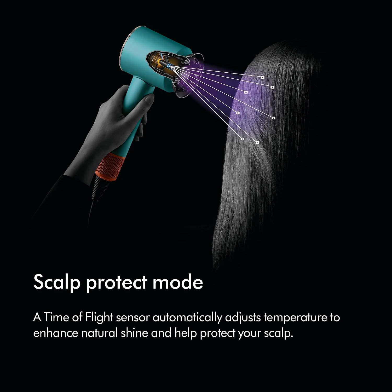 Highlights the scalp protection feature that uses a sensor to automatically adjust temperature for natural shine and scalp health, reassuring customers about safe and gentle drying.