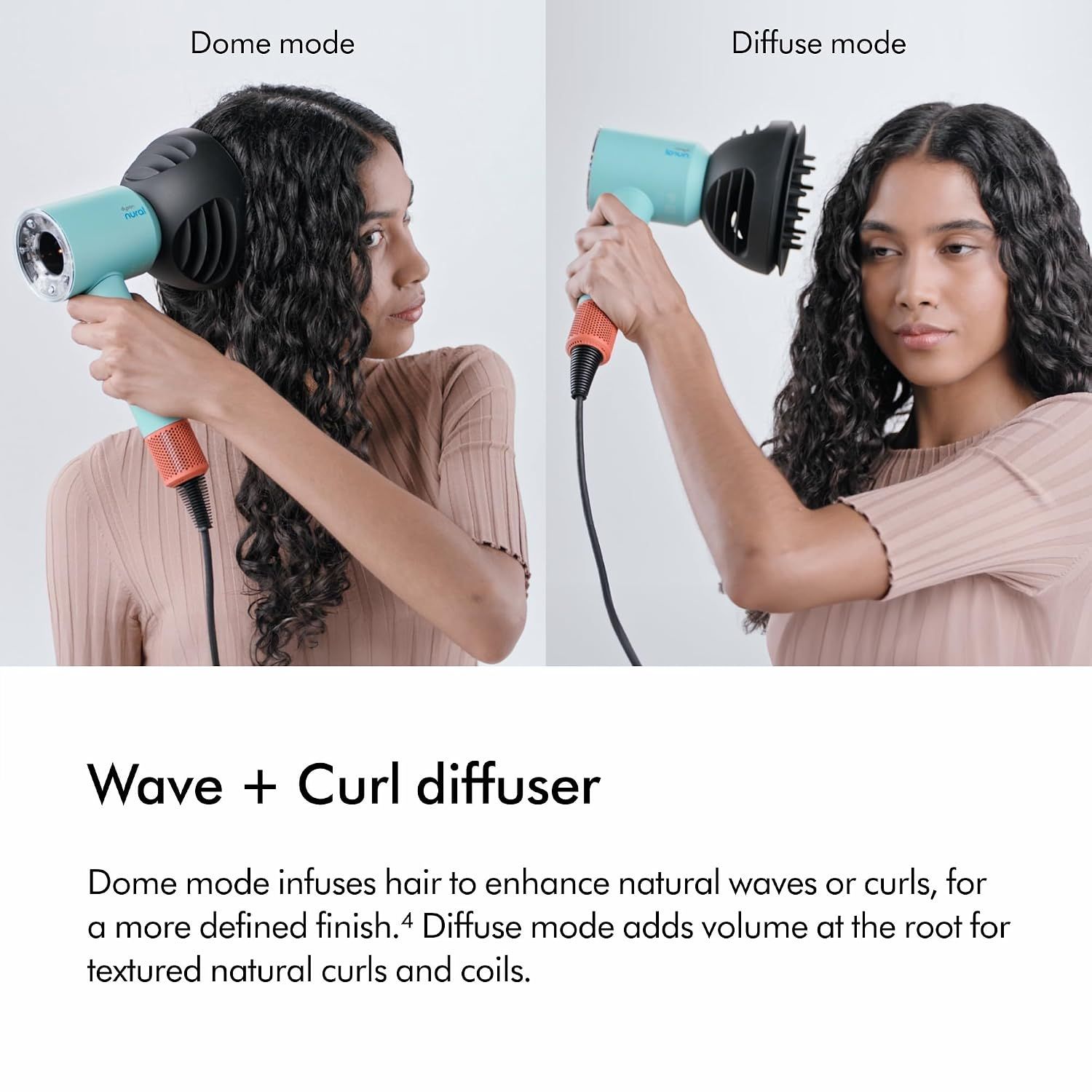 Demonstrates the two modes of the Wave+Curl diffuser attachment and their specific benefits for enhancing natural waves and curls with different styling results.