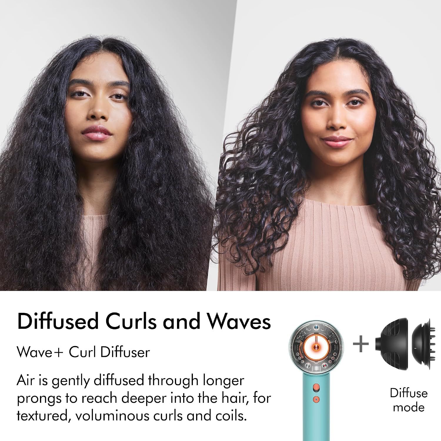 Visually demonstrates the transformation from frizzy, undefined hair to voluminous, textured curls achieved using the Wave+Curl Diffuser in diffuse mode.