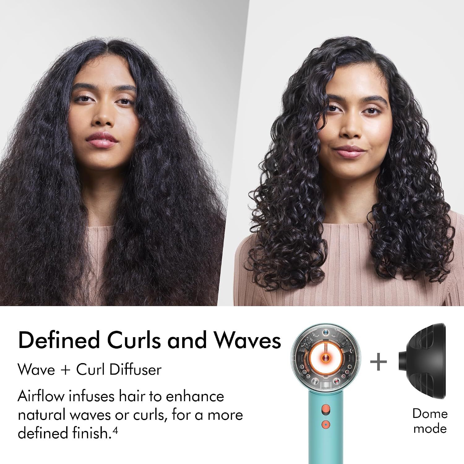 Visually demonstrates the transformation from frizzy, undefined hair to smooth, defined curls achieved using the Wave+Curl Diffuser in dome mode.