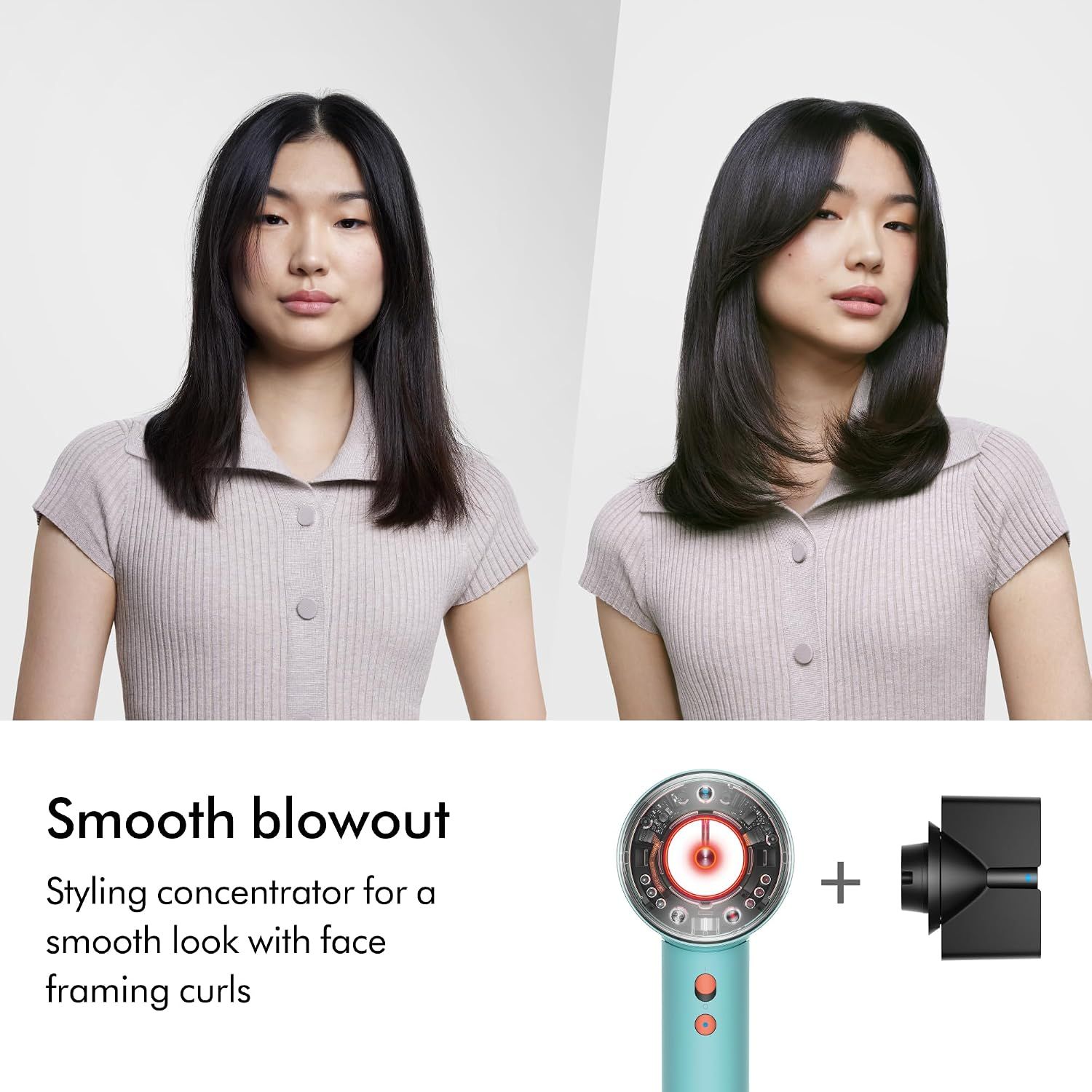 Demonstrates the transformation achieved using the styling concentrator attachment, showing how the product creates a smooth, face-framing blowout with enhanced volume and curl.