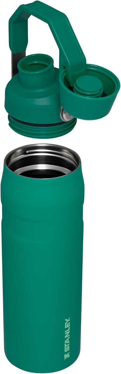Shows the customer what components come with the bottle, including the disassembled lid parts and the stainless steel interior construction.
