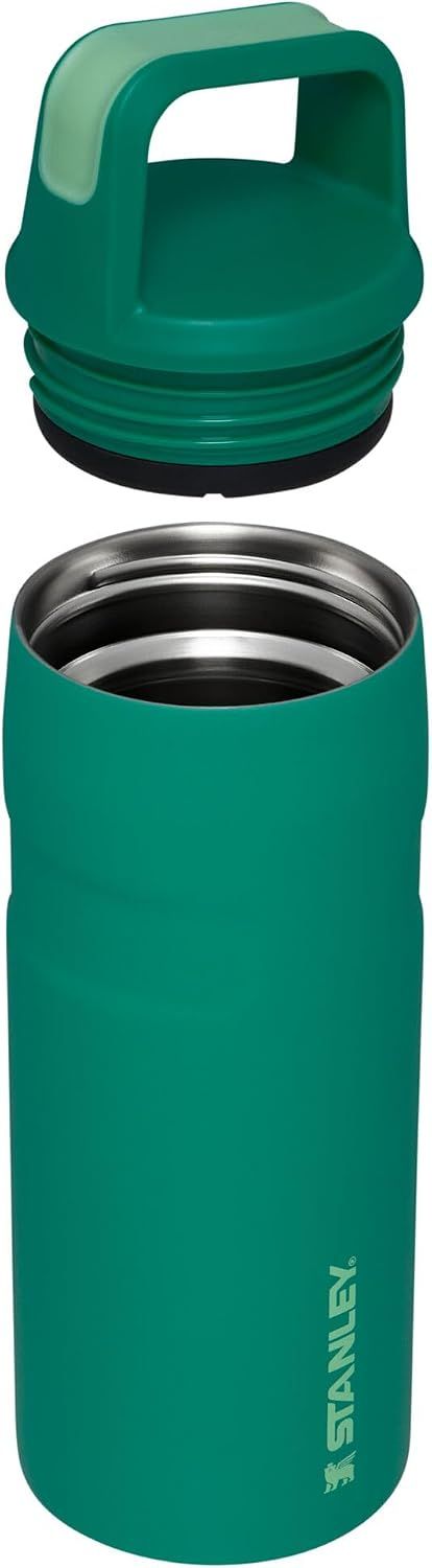 Shows the internal construction and component parts of the bottle, including the threaded cap and stainless steel lining, to communicate build quality and design.