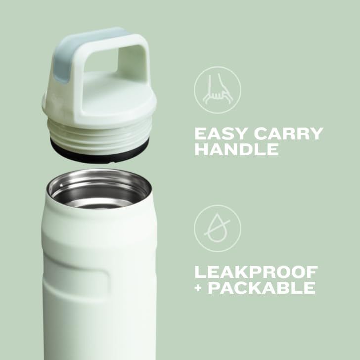 Showcases two distinct benefits in a segmented layout: portability via the carry handle and leakproof design for travel convenience.