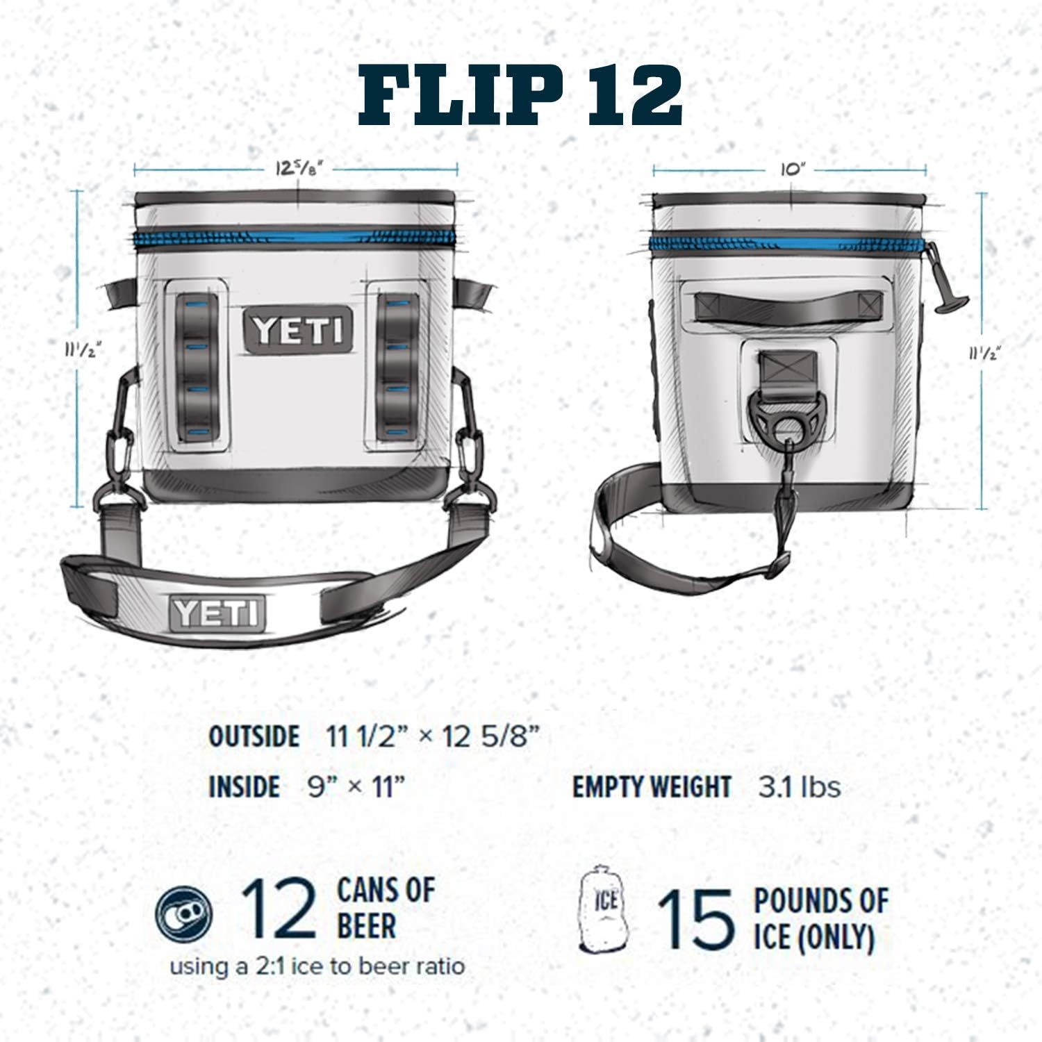 Shows the exact physical dimensions, weight, and capacity of the cooler with measurement arrows and stats to help shoppers understand the product's size and what it can hold. Communicates the…