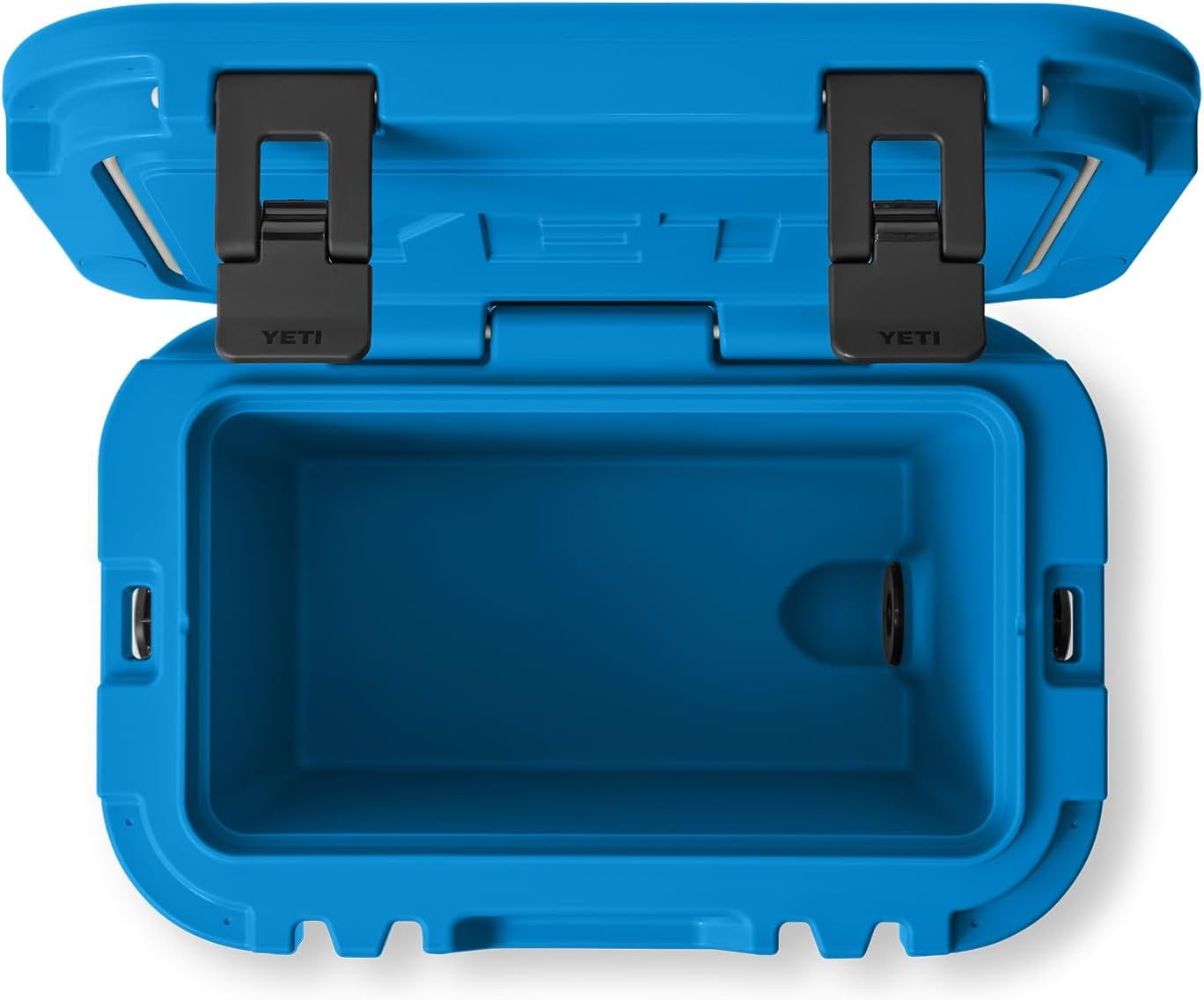 Shows the interior of the cooler with the lid open, displaying the latch system and internal storage space to help shoppers understand the product's construction and capacity.