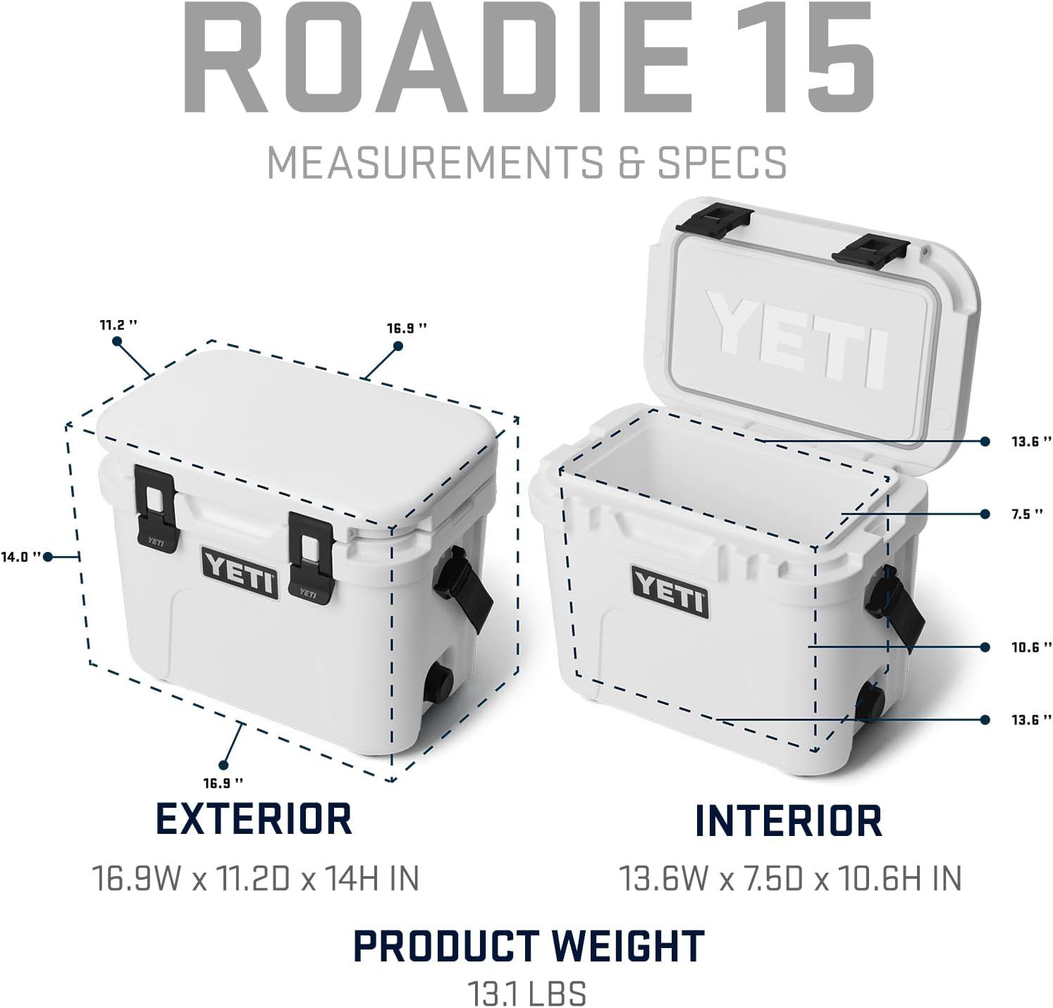 Provides exact measurements of the cooler's exterior and interior dimensions along with product weight to help shoppers understand the physical size and capacity of the Roadie 15.