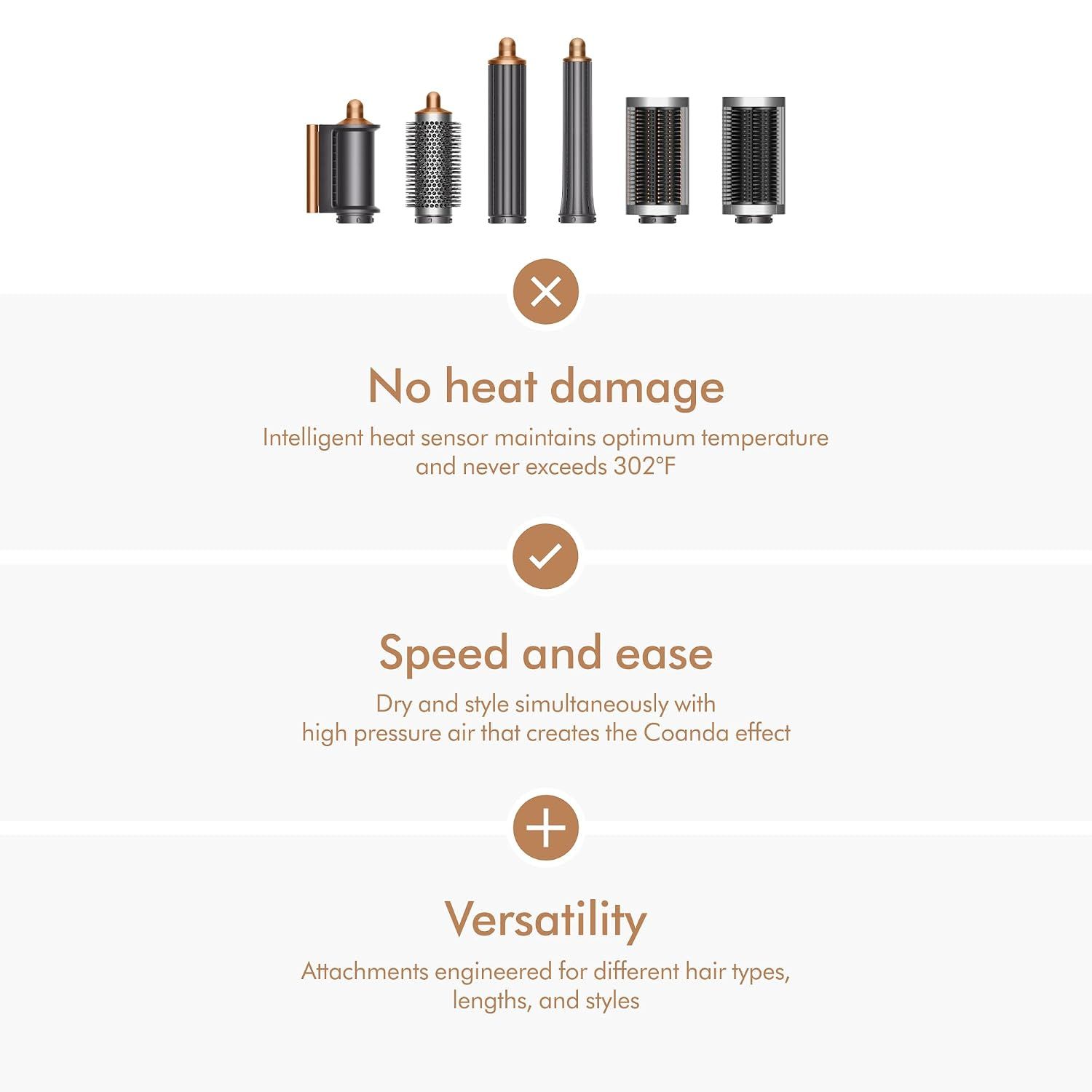 Highlights three distinct product benefits in a segmented layout: intelligent heat control for no damage, simultaneous drying and styling, and versatile attachments for different hair types.