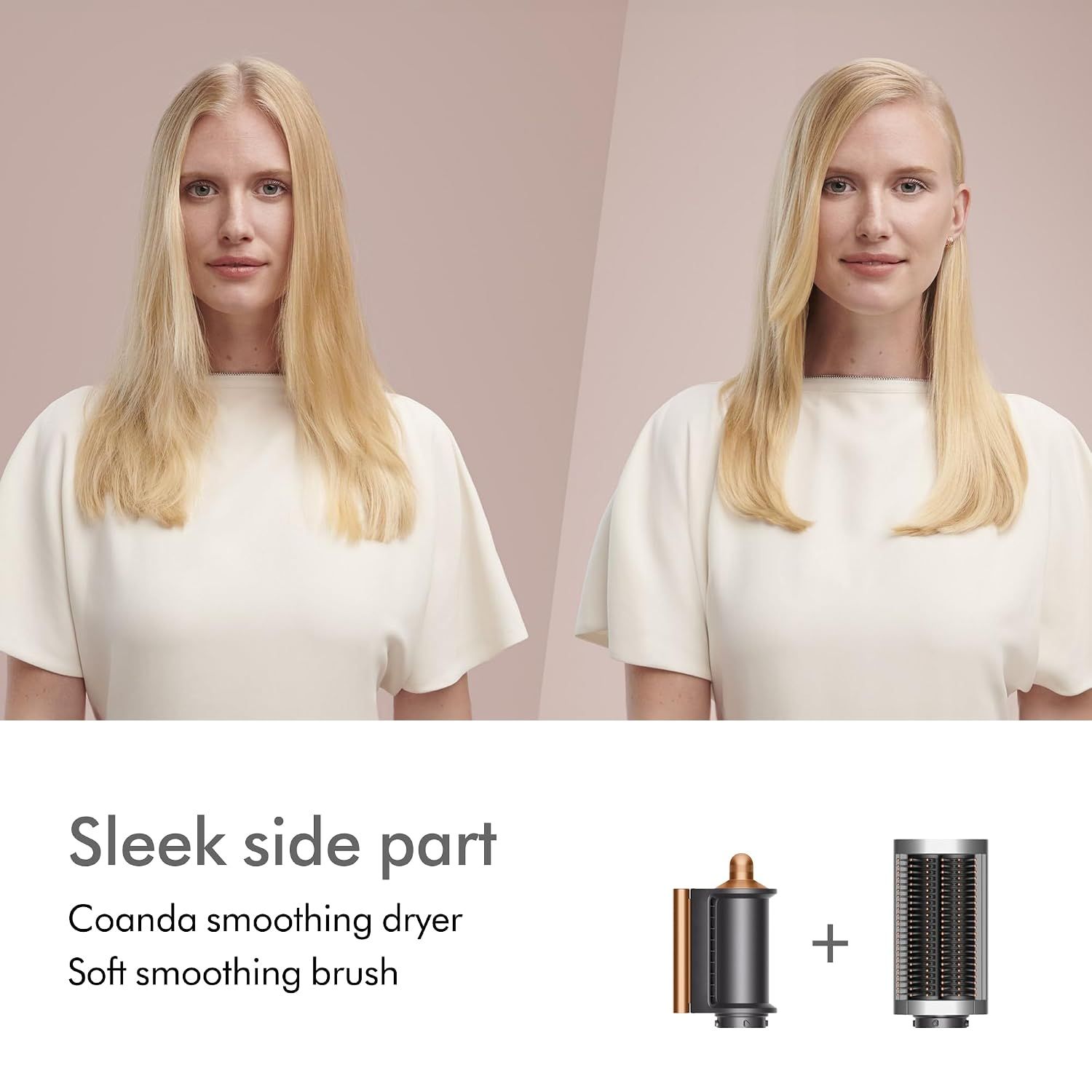 Demonstrates the transformation from unstyled to sleek side part hair using the Coanda smoothing dryer and soft smoothing brush.