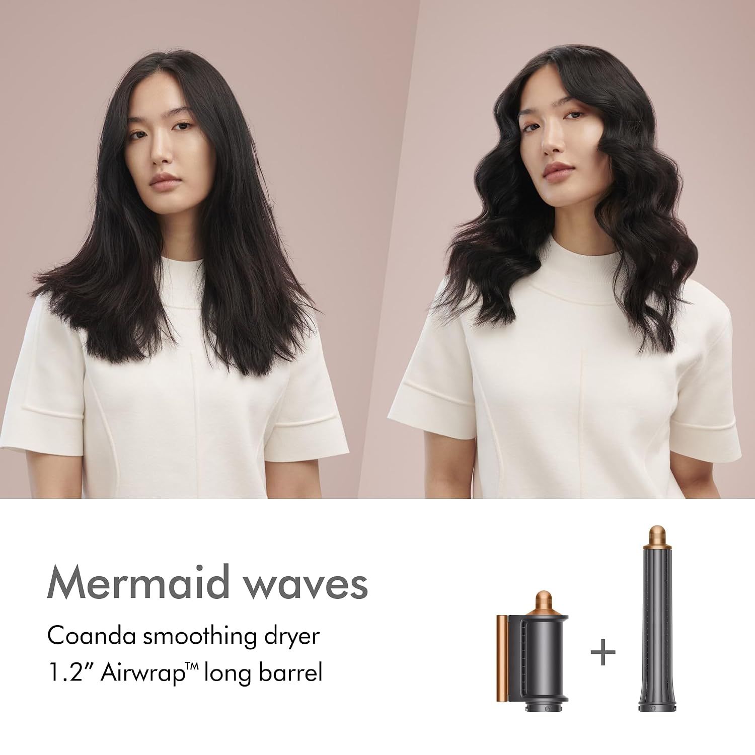Shows the before and after transformation to achieve mermaid waves using the Coanda smoothing dryer and long barrel attachment.