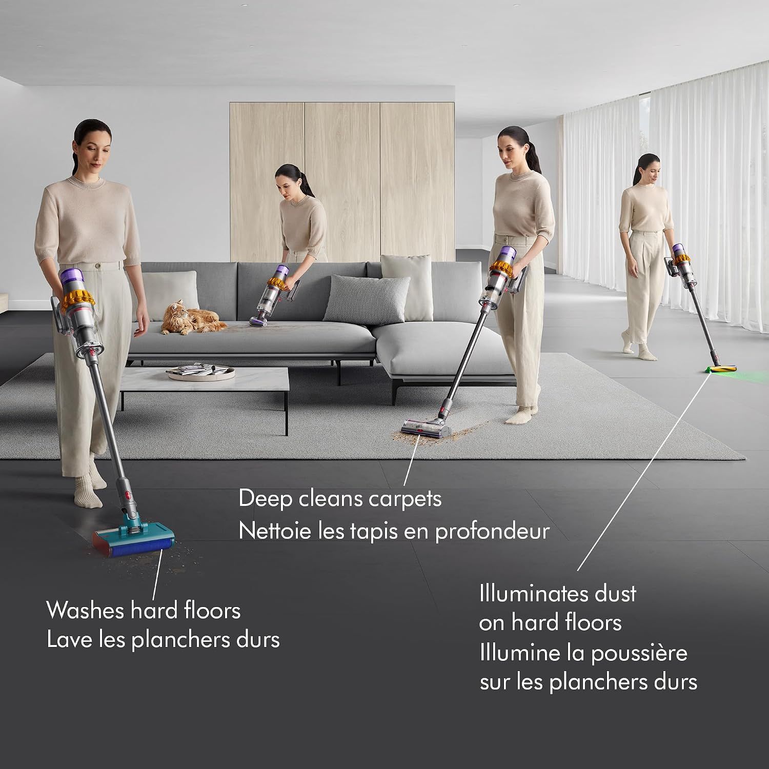 Demonstrates the vacuum's versatility across multiple cleaning scenarios: deep carpet cleaning, hard floor washing, and illuminating dust on hard floors to reassure shoppers it handles all floor…