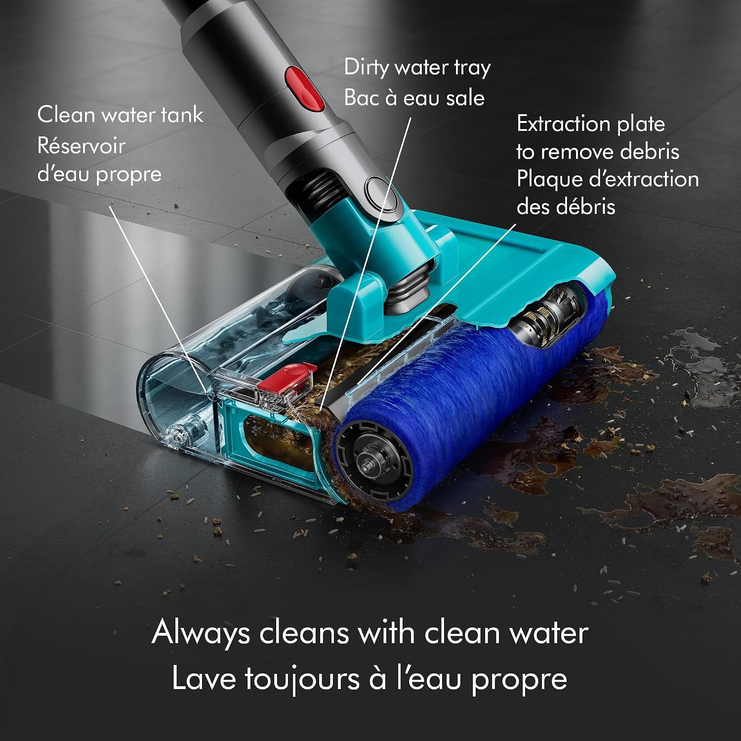 Breaks down the physical components of the wet cleaning head to help shoppers understand how the clean water system and debris extraction mechanism work. Highlights the benefit of always cleaning…