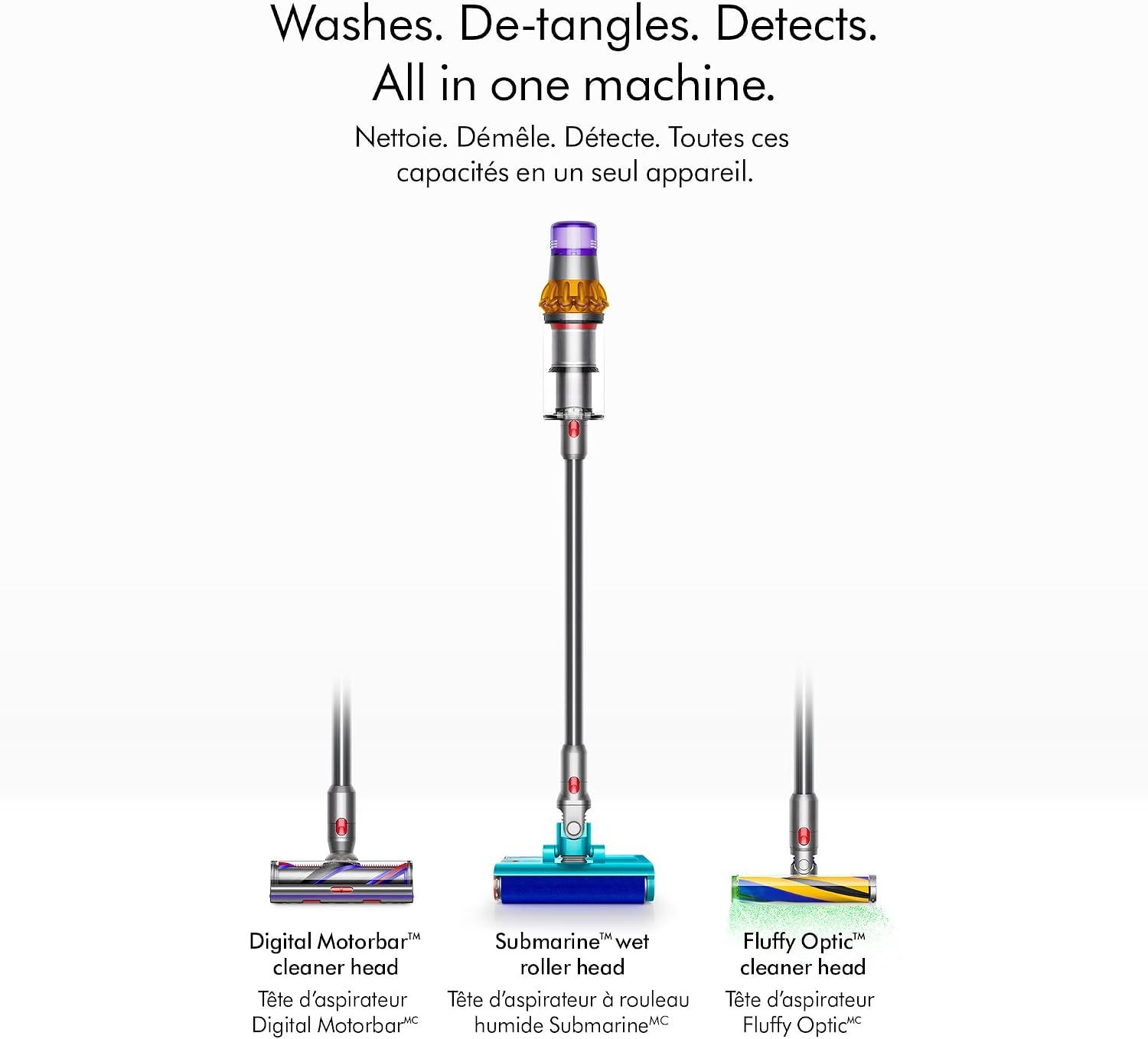 Demonstrates the multiple cleaning capabilities of the vacuum with different cleaner heads, reassuring shoppers that one machine handles washing, detangling, and detecting across various cleaning…