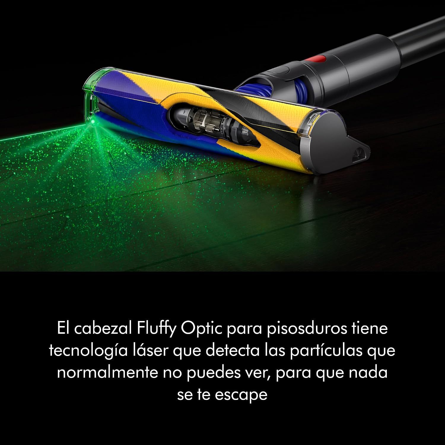 Highlights the Fluffy Optic cleaner head's laser technology that reveals invisible dust particles on hard floors, ensuring thorough cleaning.