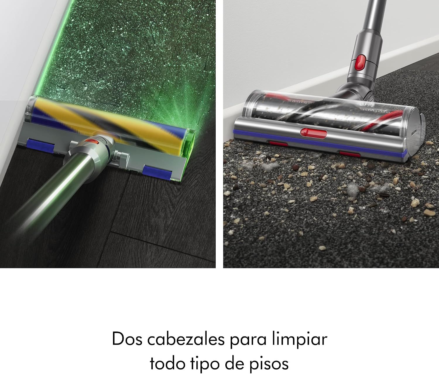 Shows that the product comes with two different cleaner heads designed to tackle all floor types.