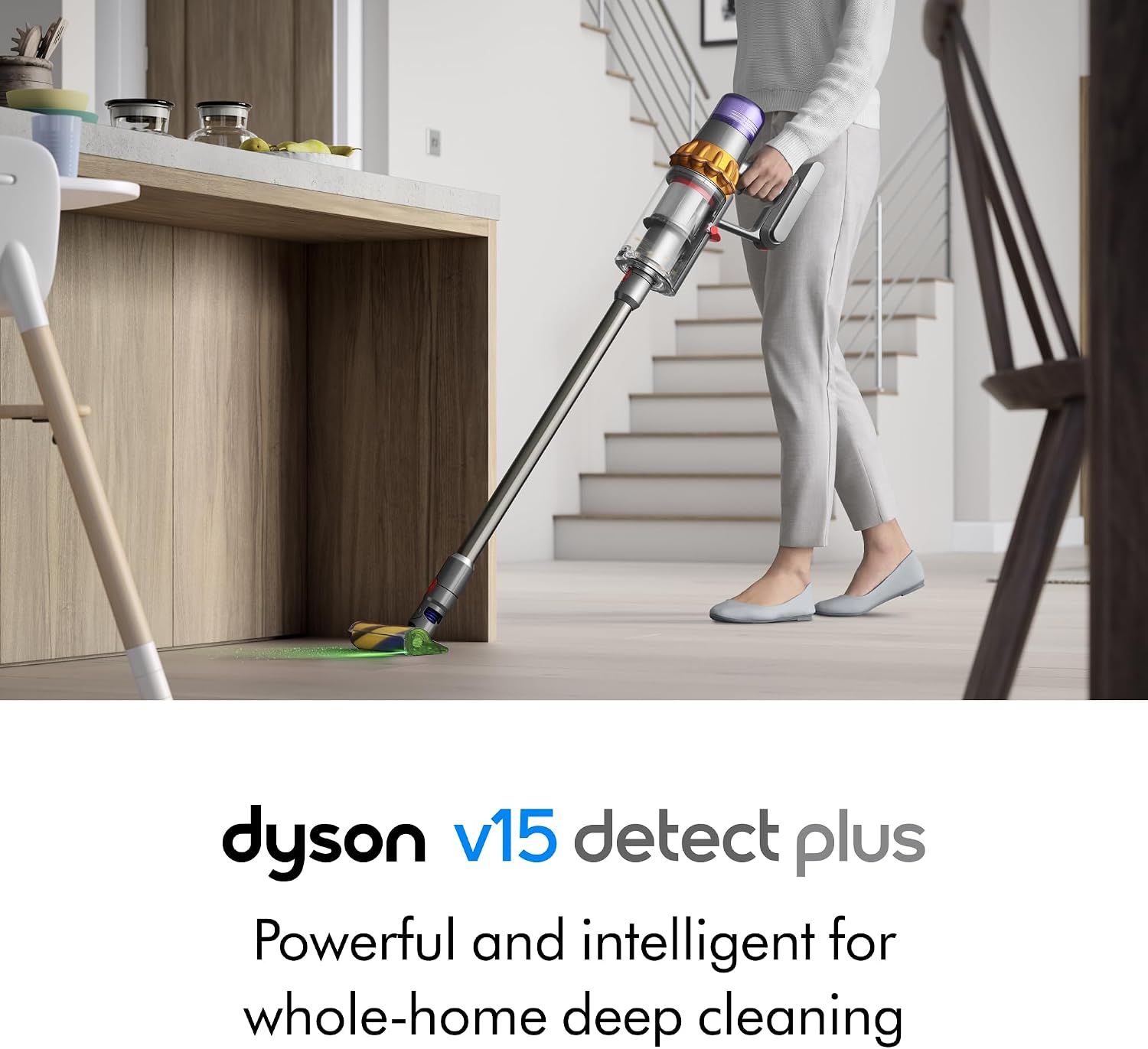 Reinforces the Dyson v15 detect plus brand identity with messaging about powerful and intelligent whole-home deep cleaning.