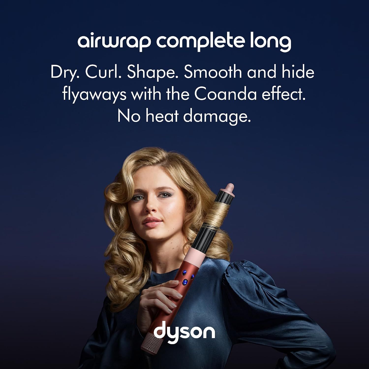 Highlights multiple styling benefits of the Dyson Airwrap, emphasizing its versatility and heat-free styling capability to reassure shoppers about hair health and styling results.