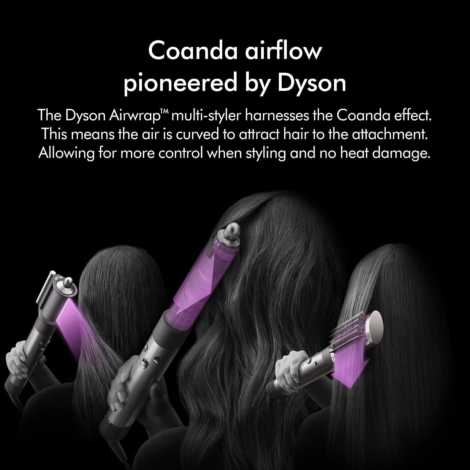 Explains the proprietary Coanda airflow technology pioneered by Dyson, emphasizing controlled styling with no heat damage to reassure shoppers about hair health.