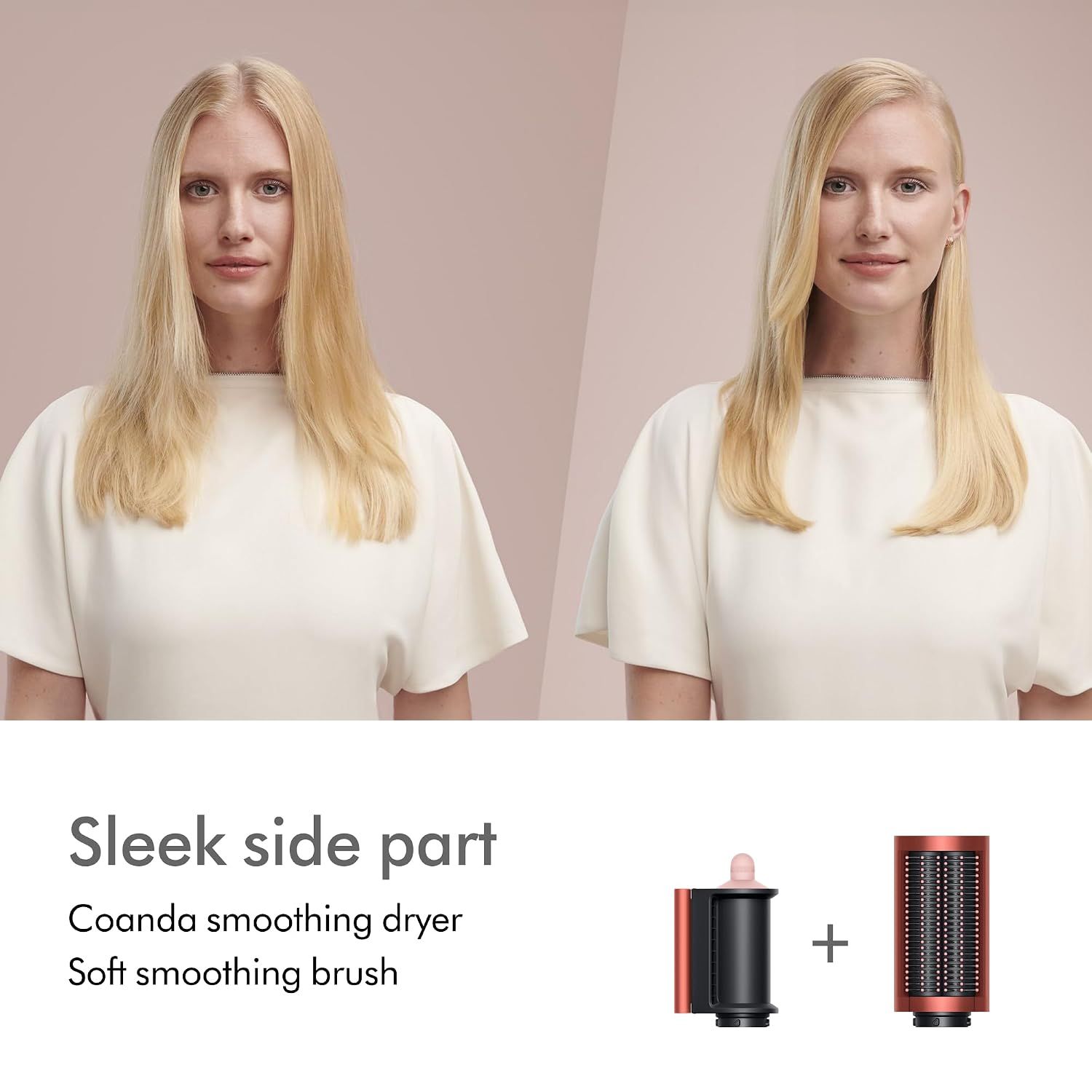 Demonstrates a specific styling result achievable with the Coanda smoothing dryer and soft smoothing brush attachment combination. Shows the styling transformation from natural hair to a sleek side…