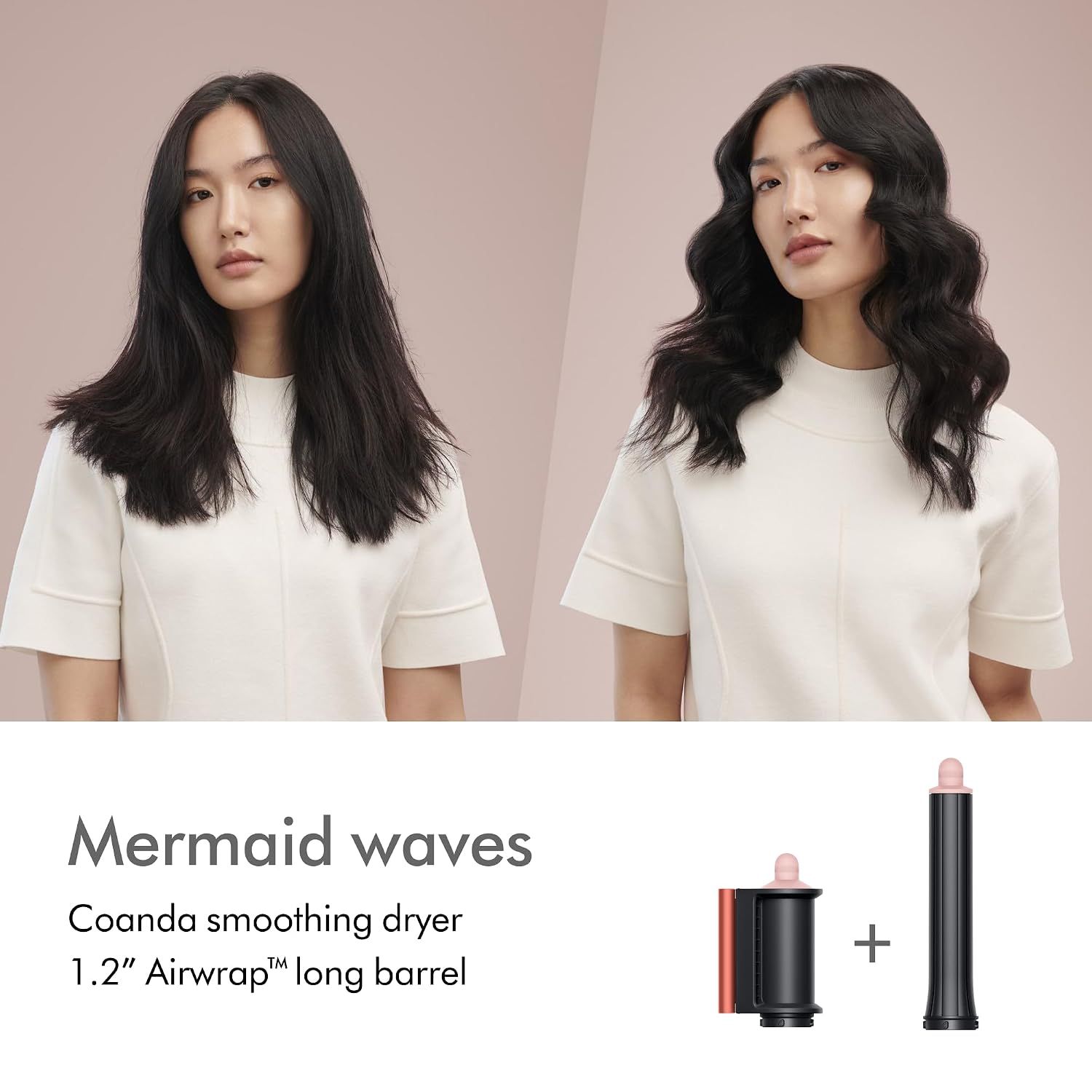 Demonstrates a specific styling result achievable with the Coanda smoothing dryer and long barrel attachment combination. Shows the styling transformation from straight hair to mermaid waves to…