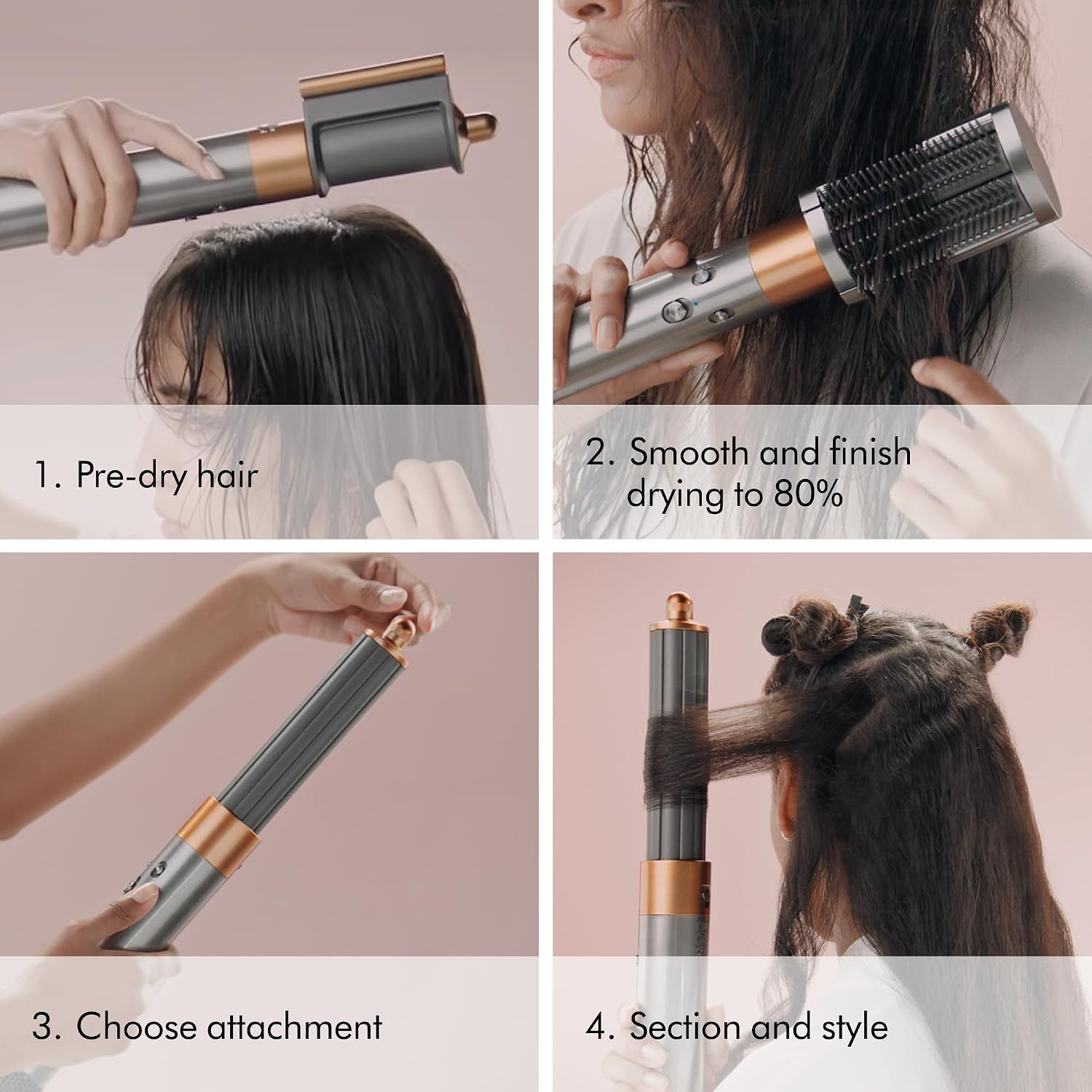 Provides clear step-by-step instructions for using the product, from pre-drying to final styling, to reassure shoppers about ease of use.