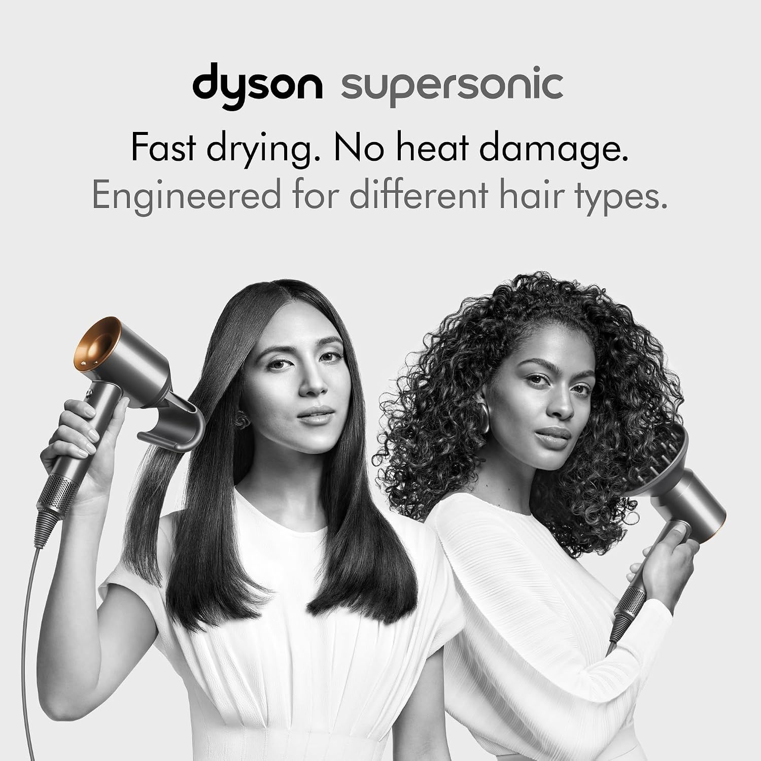 Communicates multiple key benefits of the Dyson Supersonic hair dryer, emphasizing speed, hair protection, and versatility for all hair types to appeal to a broad audience.