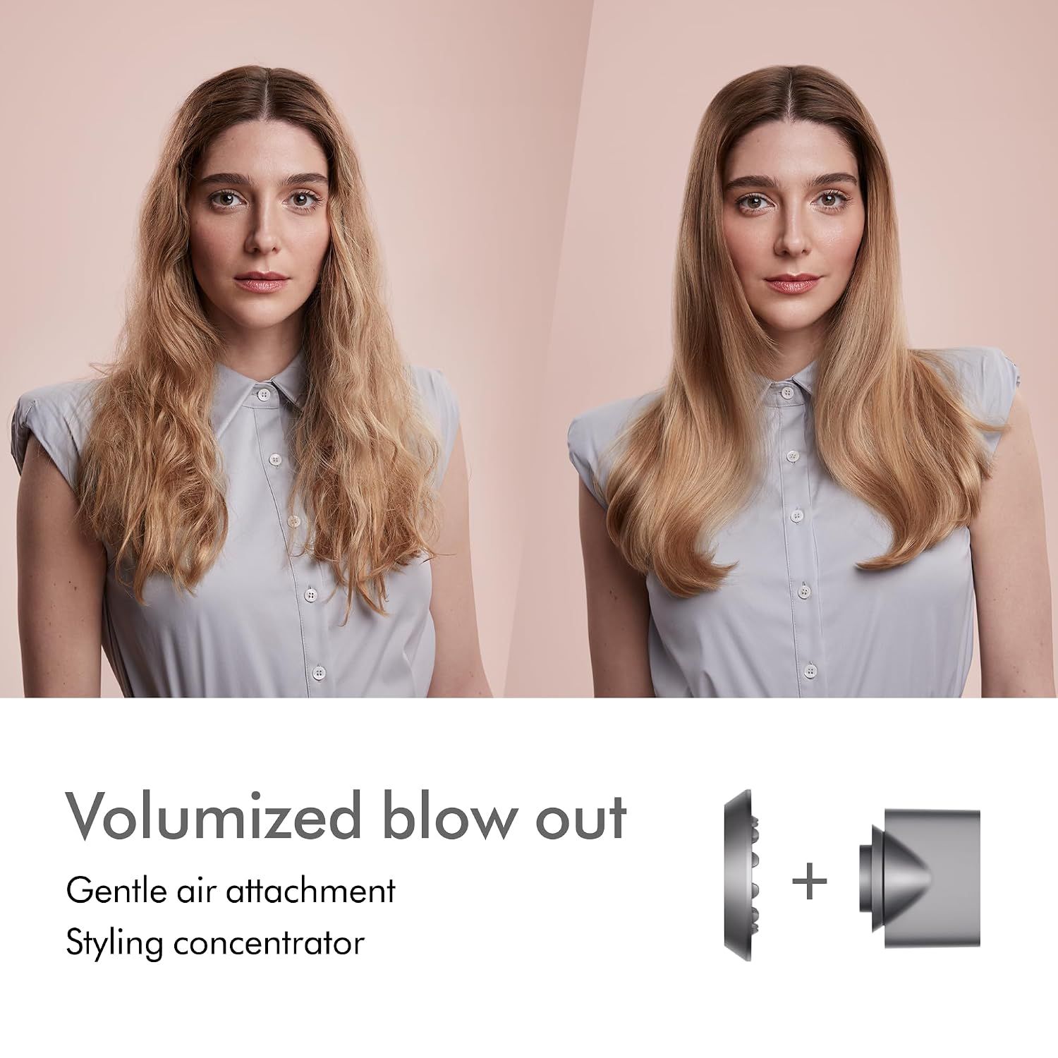 Demonstrates the transformation from frizzy to smooth, volumized hair achieved using the gentle air attachment and styling concentrator, proving the product's effectiveness. Highlights the…