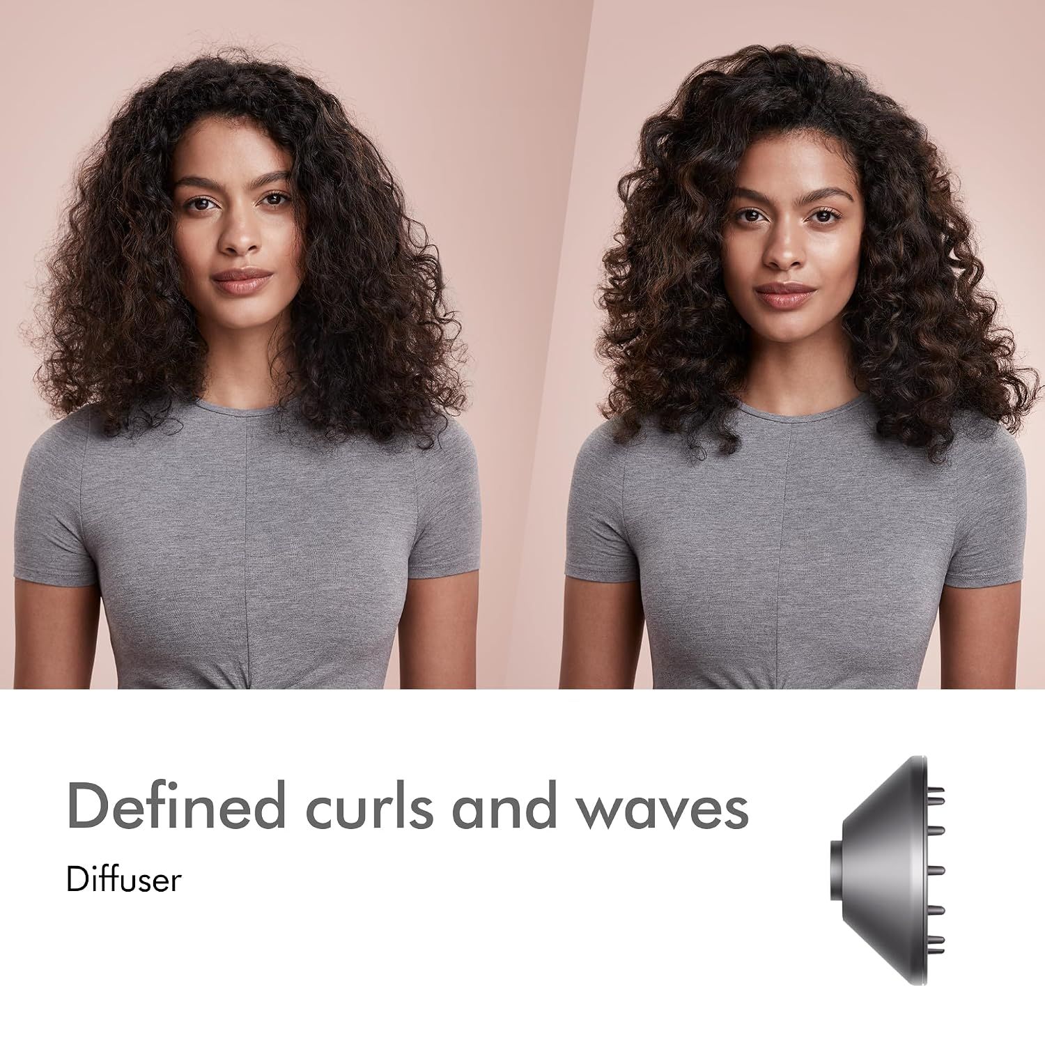 Shows the transformation from undefined to well-defined curls and waves using the diffuser attachment, demonstrating the product's ability to enhance natural curl patterns. Highlights the…