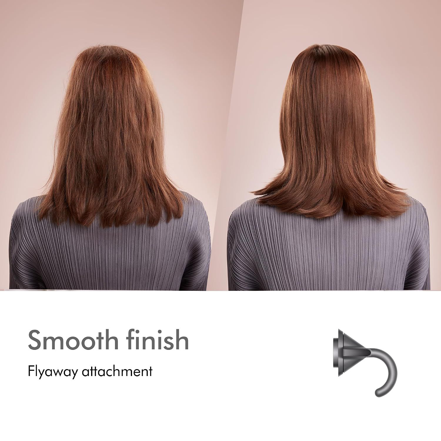 Demonstrates the transformation from frizzy to sleek, smooth hair using the flyaway attachment, proving the product's ability to tame flyaways and create a polished finish. Highlights the smoothing…