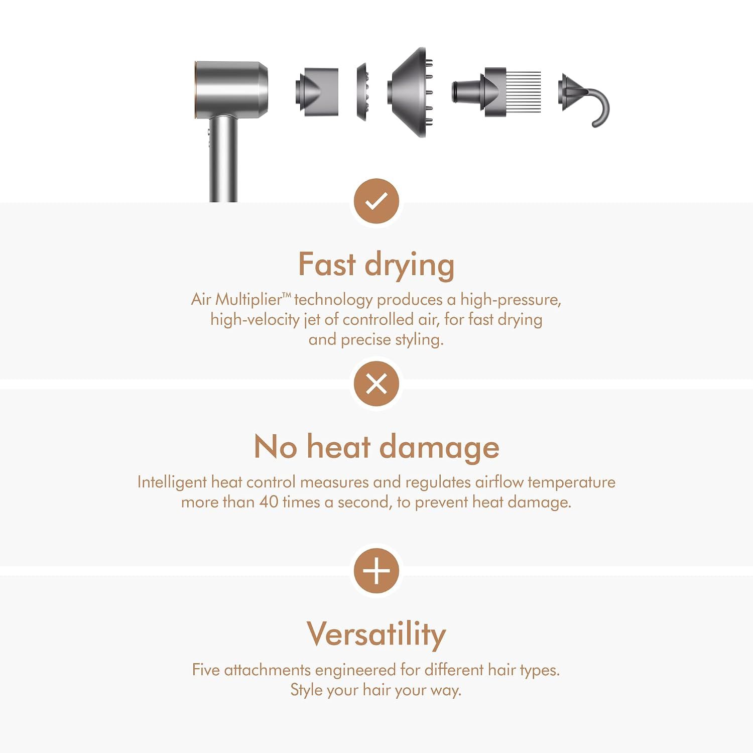 Presents three distinct benefits in a segmented layout with icons and explanatory text, emphasizing the dryer's speed, hair protection technology, and versatility with multiple attachments.