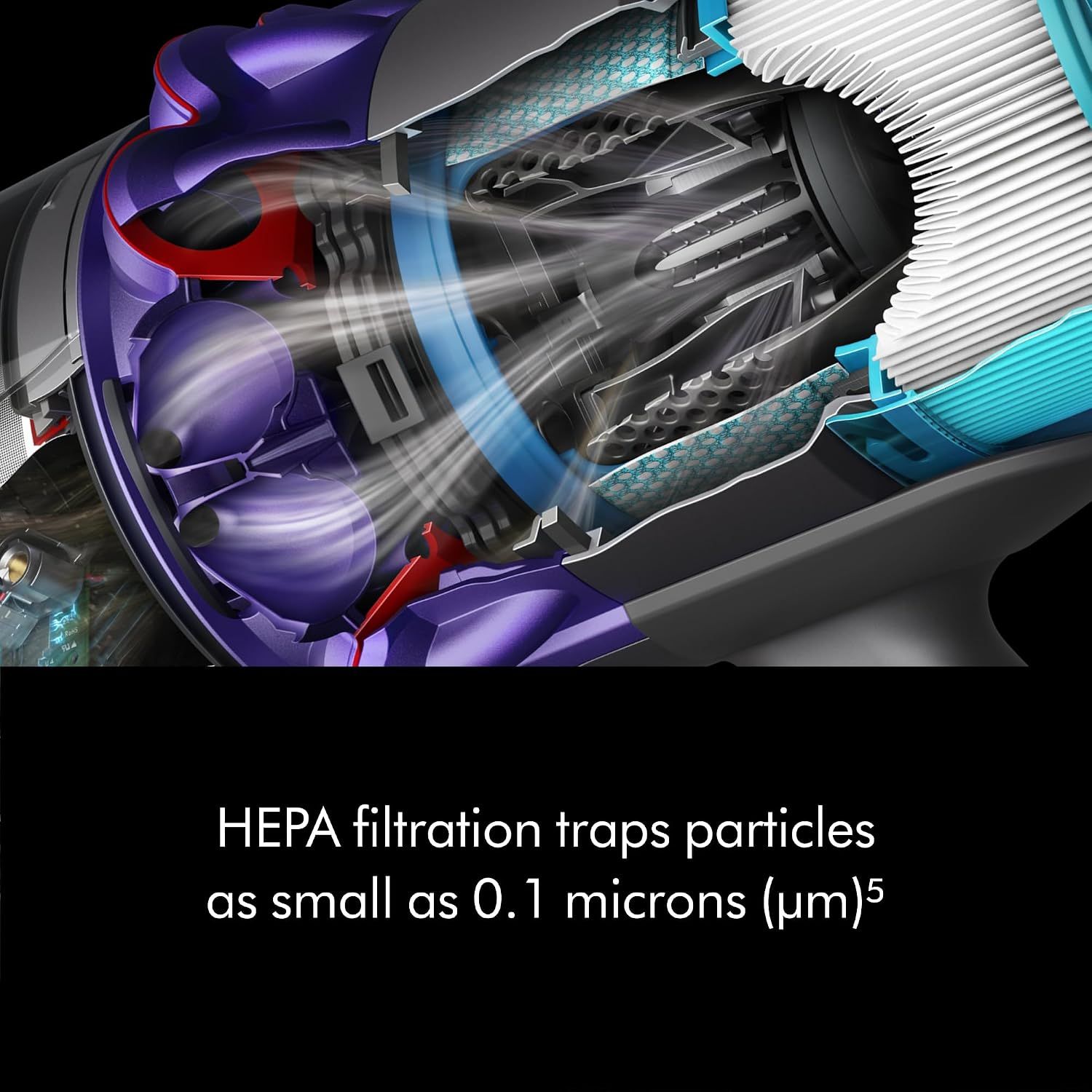 Shows the internal filtration mechanism and highlights the HEPA filter's ability to trap microscopic particles as small as 0.1 microns, demonstrating advanced filtration technology. Communicates the…