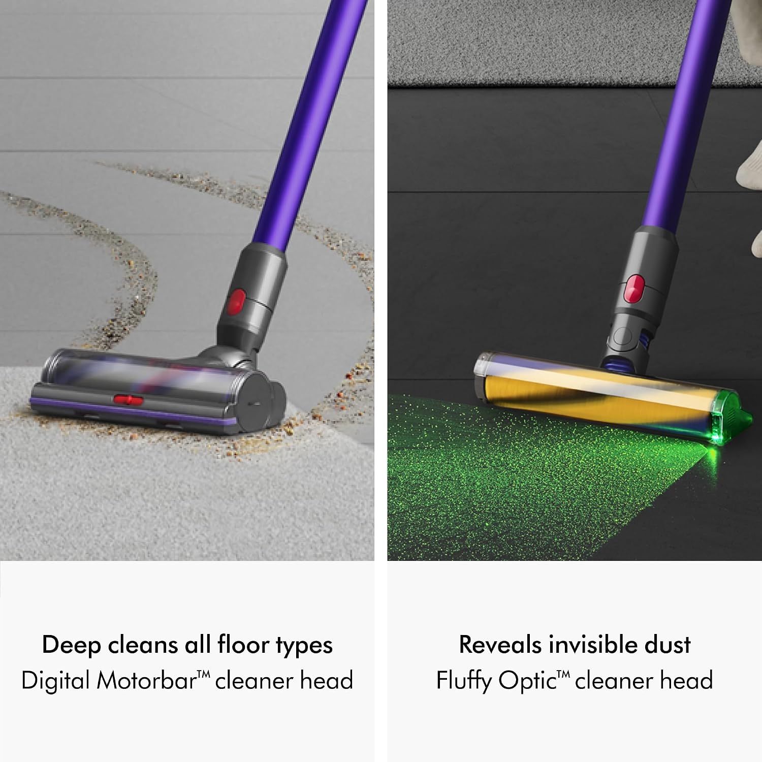 Demonstrates the vacuum's versatility across different floor types using two different cleaner head attachments for various cleaning scenarios.