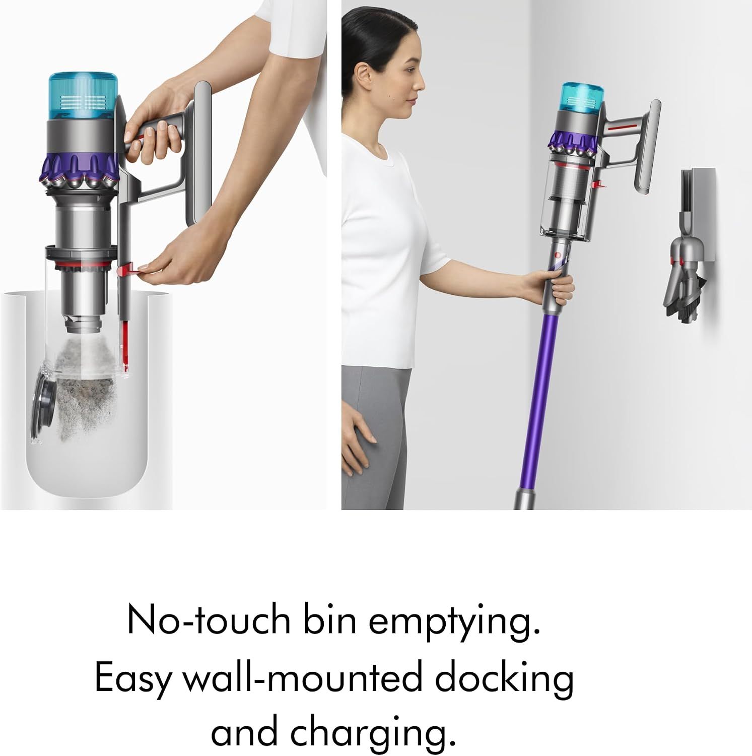 Highlights the convenient hygienic bin emptying and wall-mounted storage/charging system, emphasizing ease of maintenance and space-saving design.