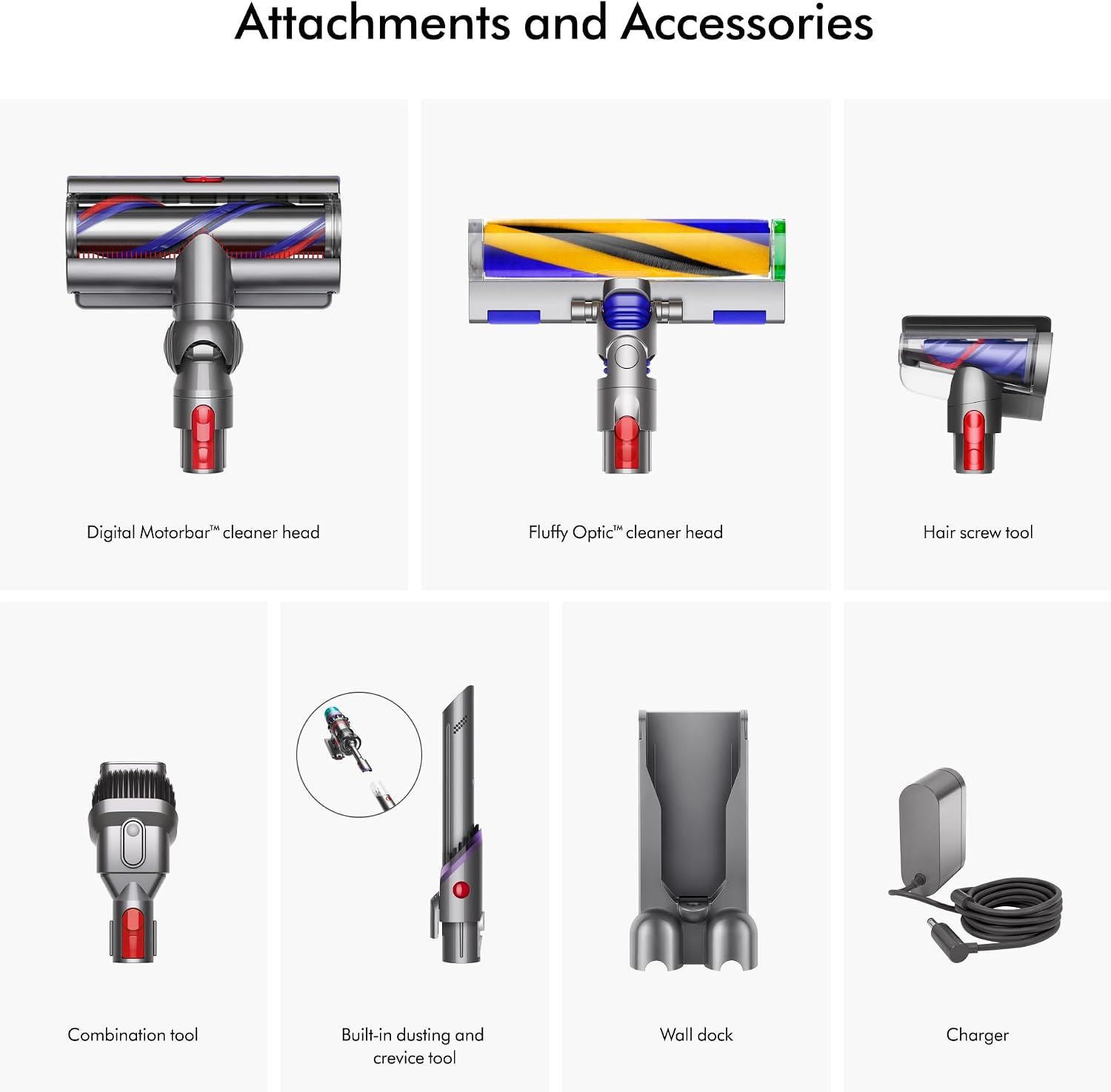 Shows all the cleaner heads, tools, and accessories included with the vacuum purchase, helping shoppers understand the complete package they will receive.