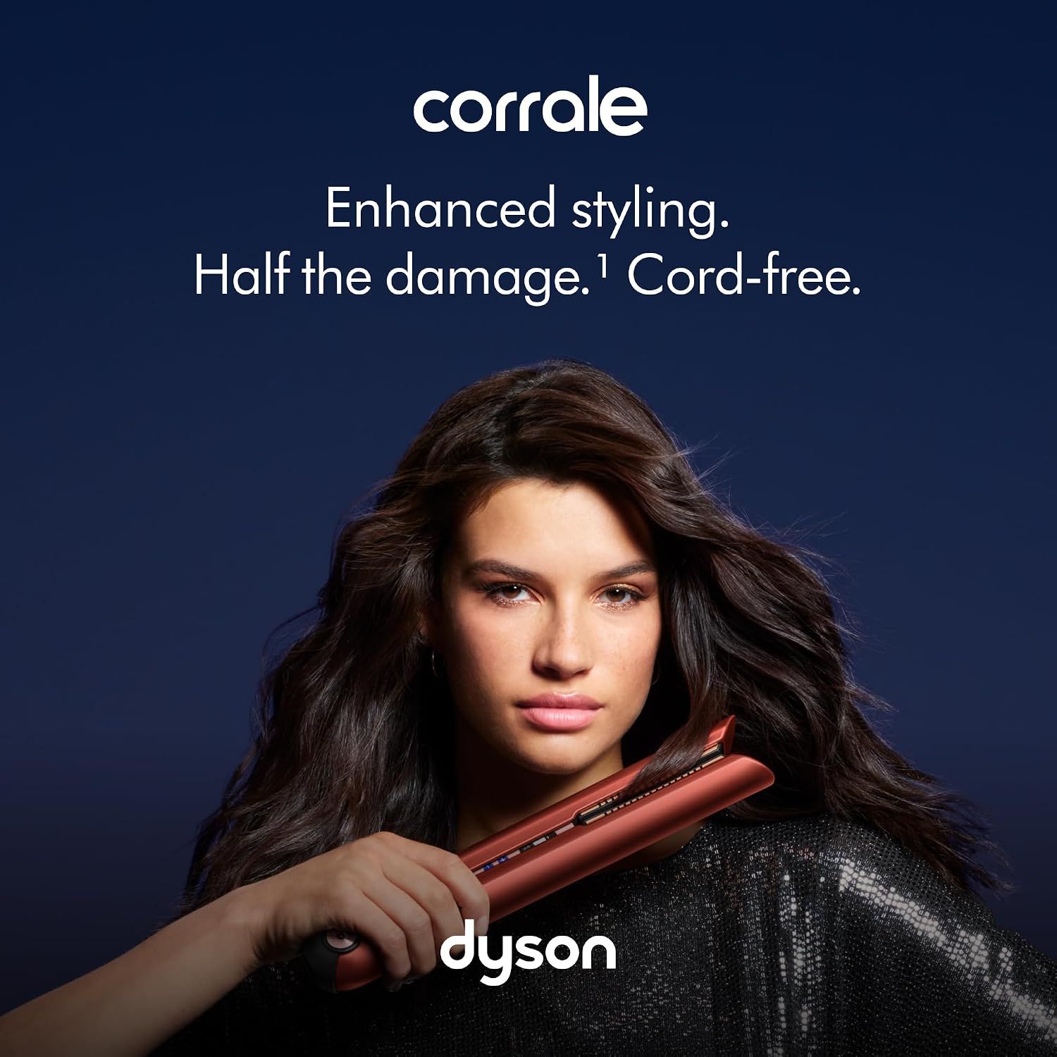 Communicates the key benefits of the Dyson Corrale straightener: enhanced styling capability, reduced hair damage, and cordless convenience.