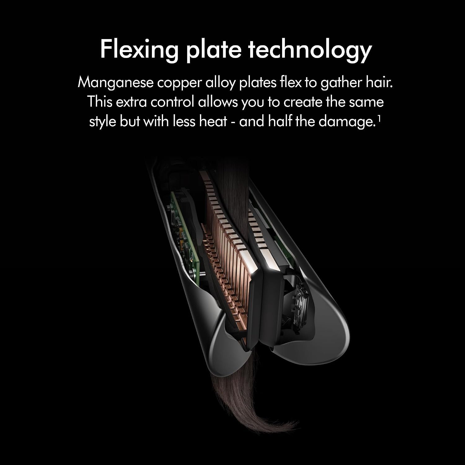 Highlights the internal flexing plate technology and material composition that enables the product to reduce heat damage while maintaining styling performance. Emphasizes the core benefit of reduced…