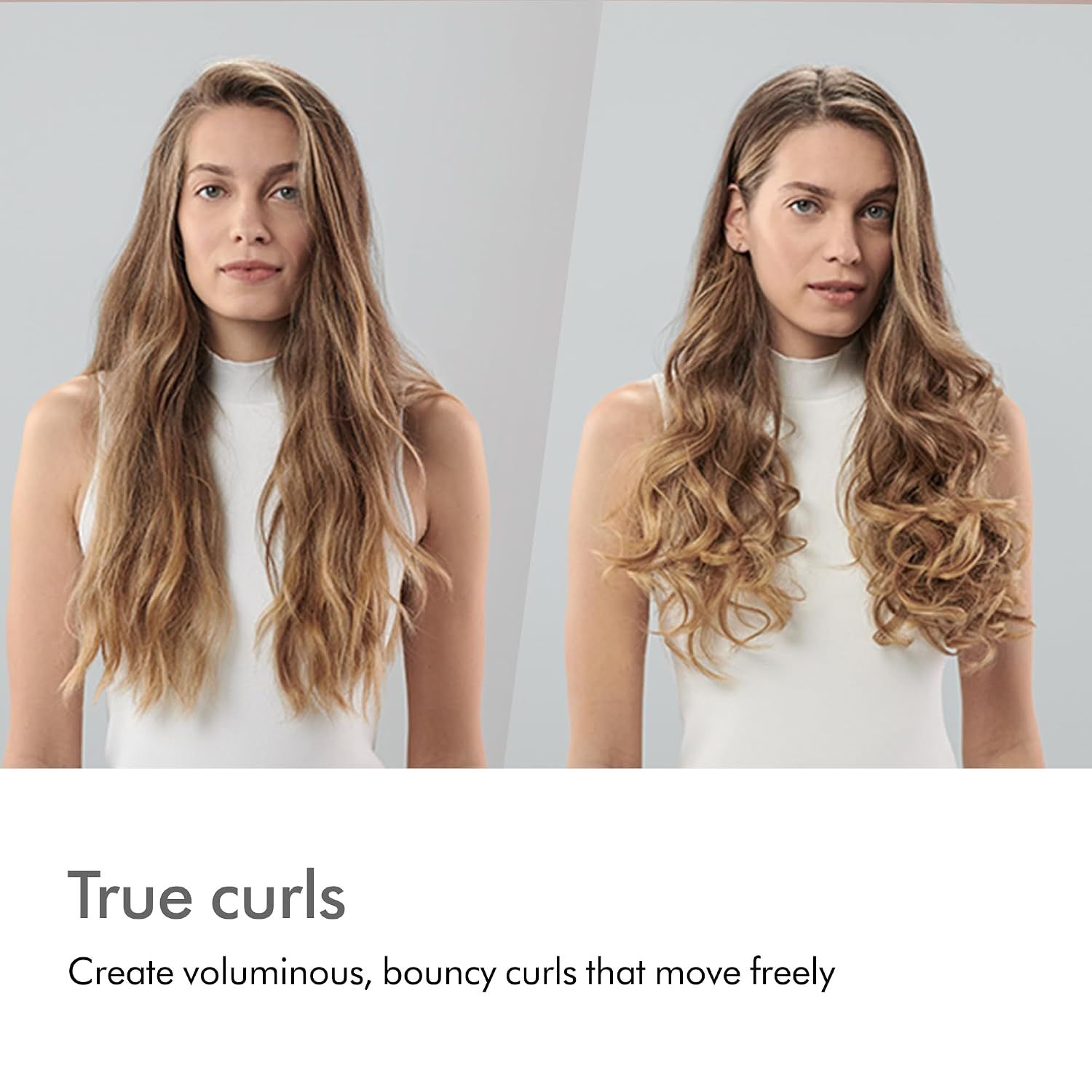 Demonstrates the transformation from natural hair to styled voluminous curls, proving the product's effectiveness at creating defined curl styles.