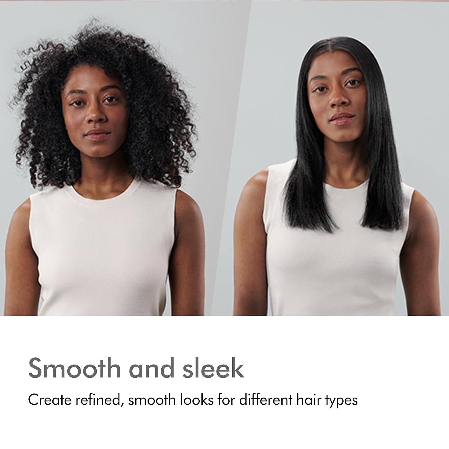 Shows the transformation from curly to straight hair, demonstrating the product's ability to create refined, smooth looks across different hair types.