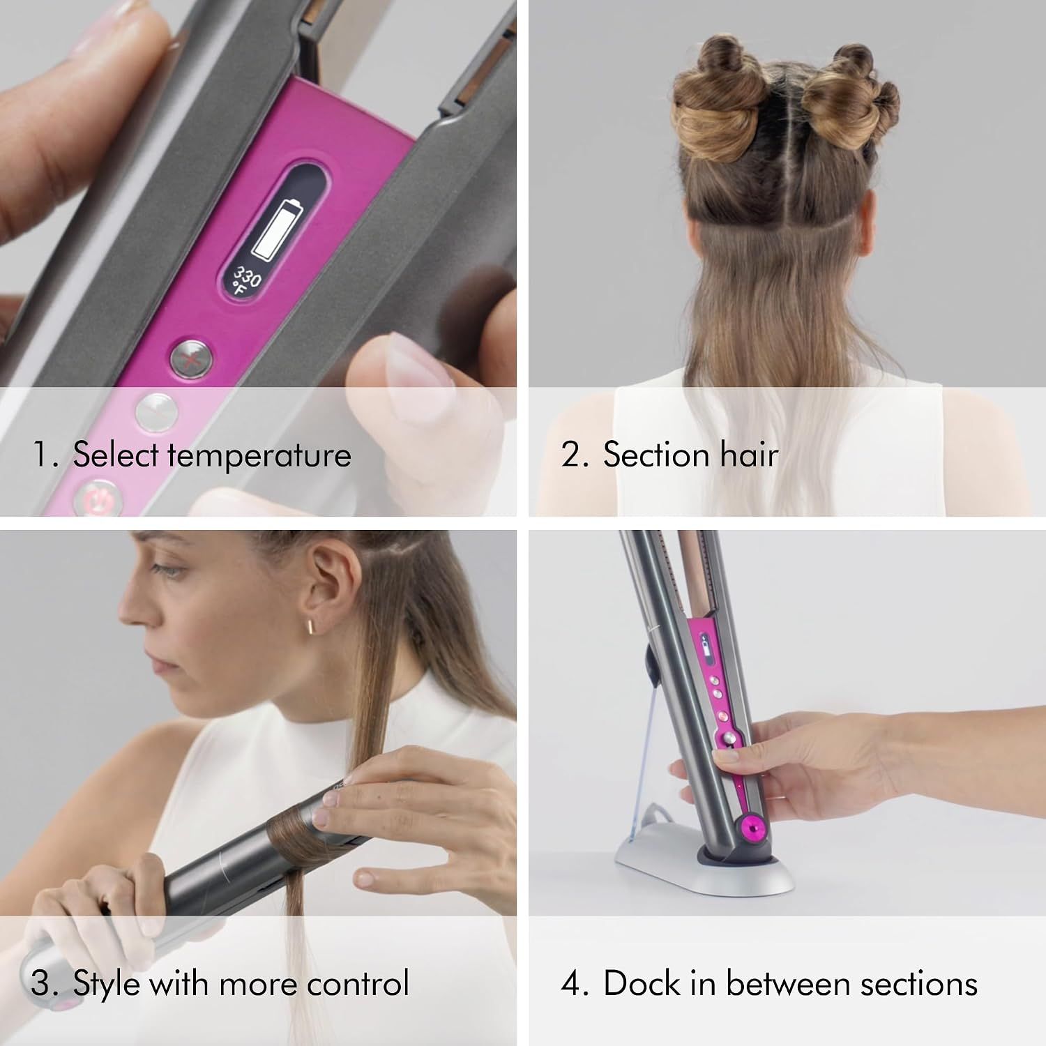 Provides clear step-by-step instructions on how to use the straightener: select temperature, section hair, style with control, and dock between sections.