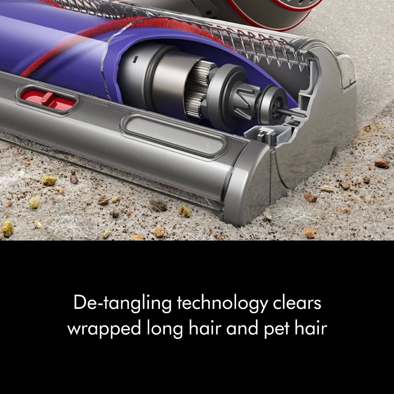 Highlights the vacuum's de-tangling technology that clears wrapped long hair and pet hair from the brush bar, addressing a common pain point for pet owners and households with long hair.