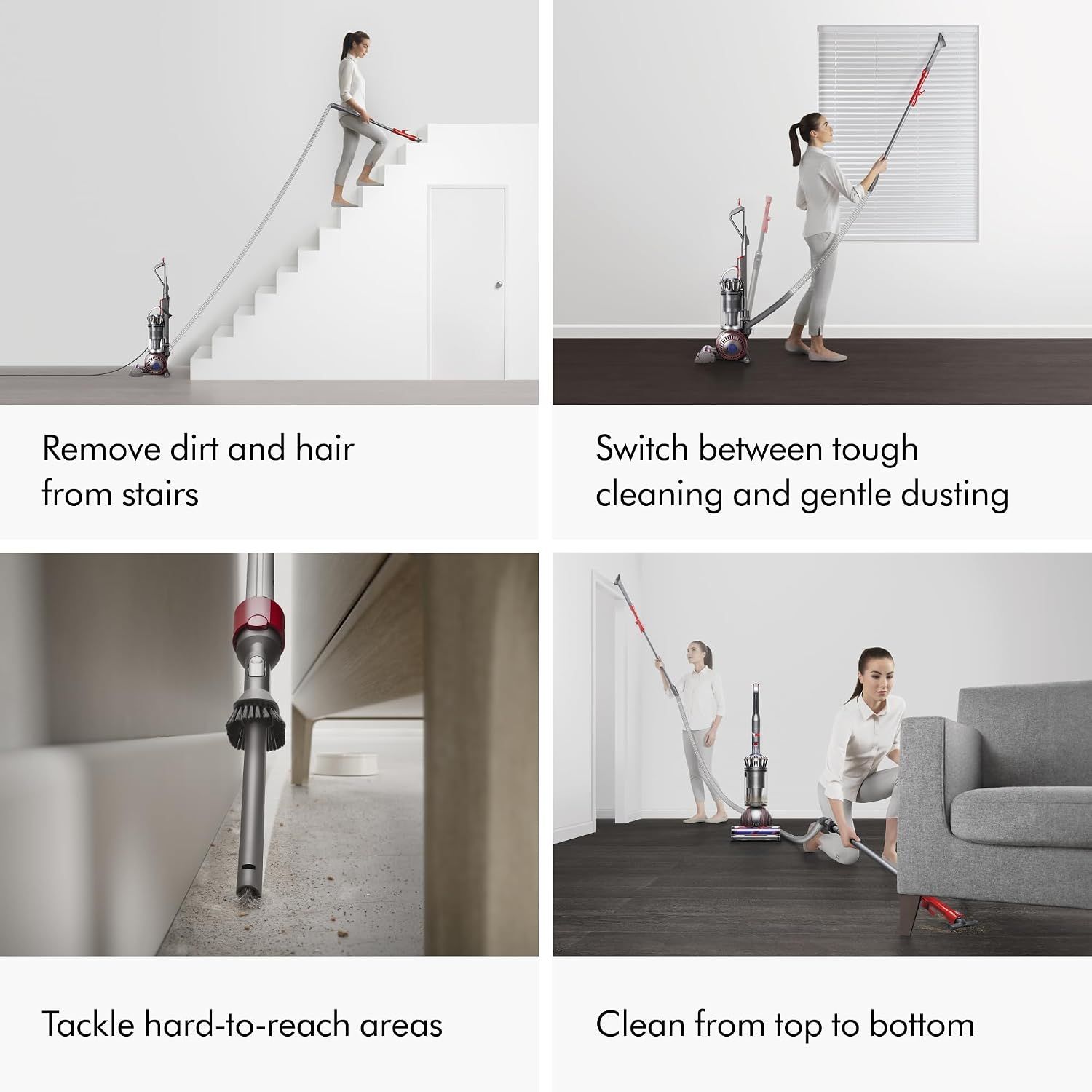 Demonstrates the vacuum's versatility across four different cleaning scenarios throughout the home, from stairs to ceilings to baseboards to open floors.