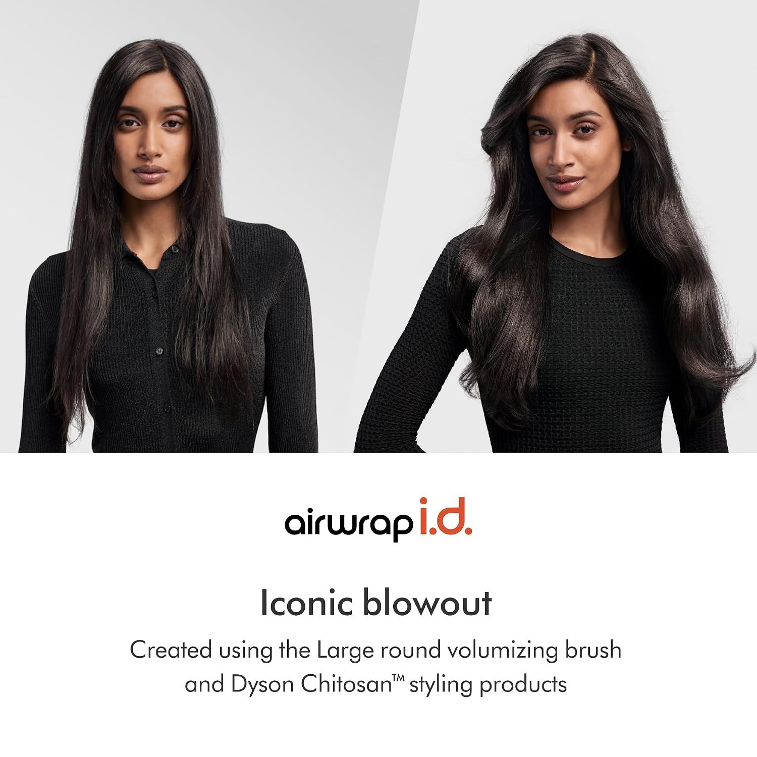 Demonstrates the product's ability to create a salon-quality blowout by showing the transformation from flat hair to voluminous, styled hair using the large round volumizing brush.