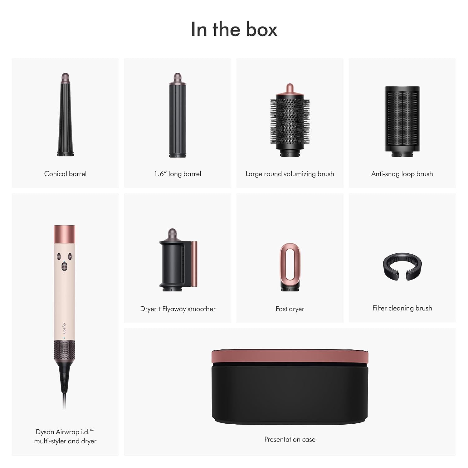 Clearly shows all components included with purchase in a labeled grid format, helping shoppers understand the complete value and versatility of the Dyson Airwrap i.d. system.