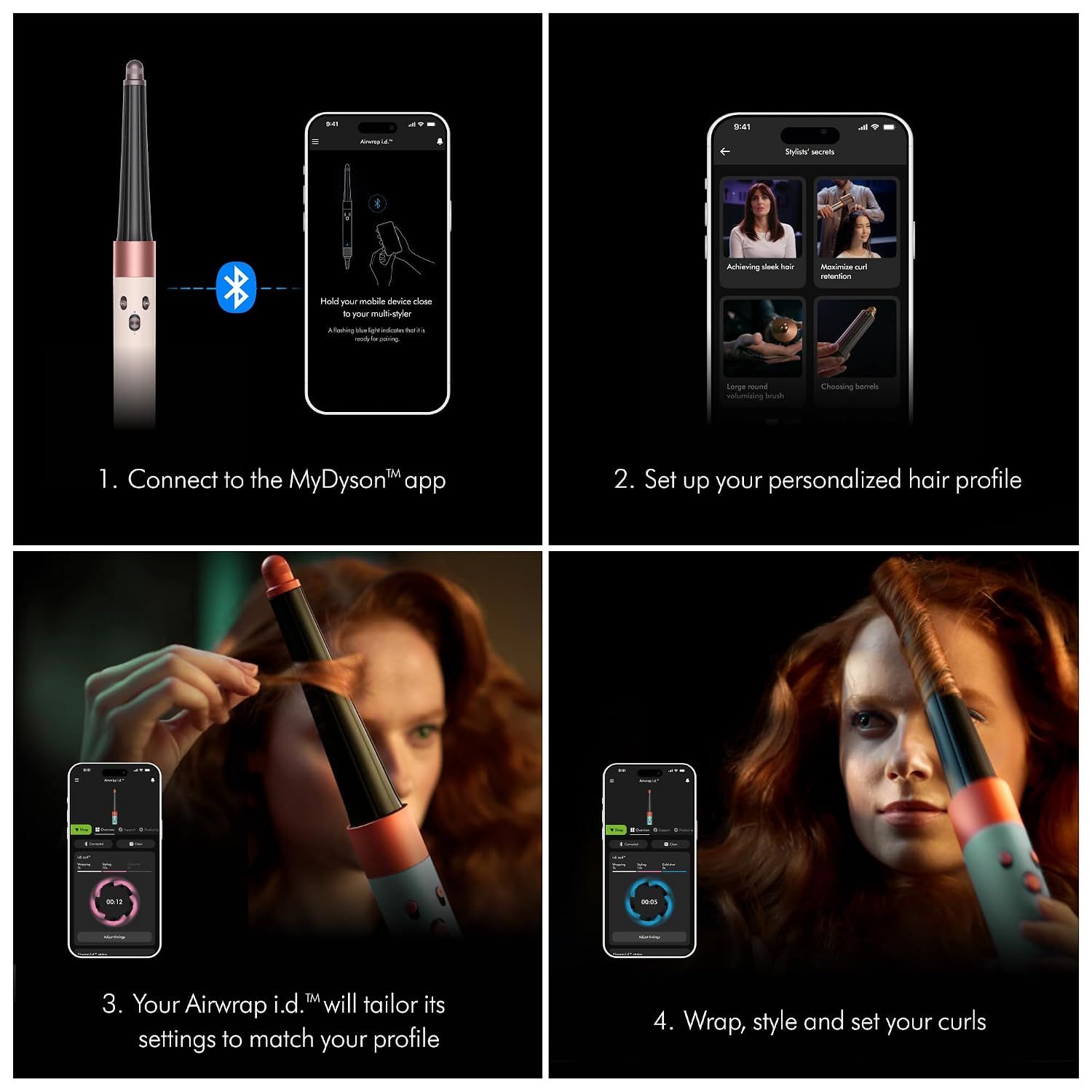 Provides a clear step-by-step guide showing how to connect the device to the app, set up a personalized hair profile, and use the Airwrap to achieve styled curls.