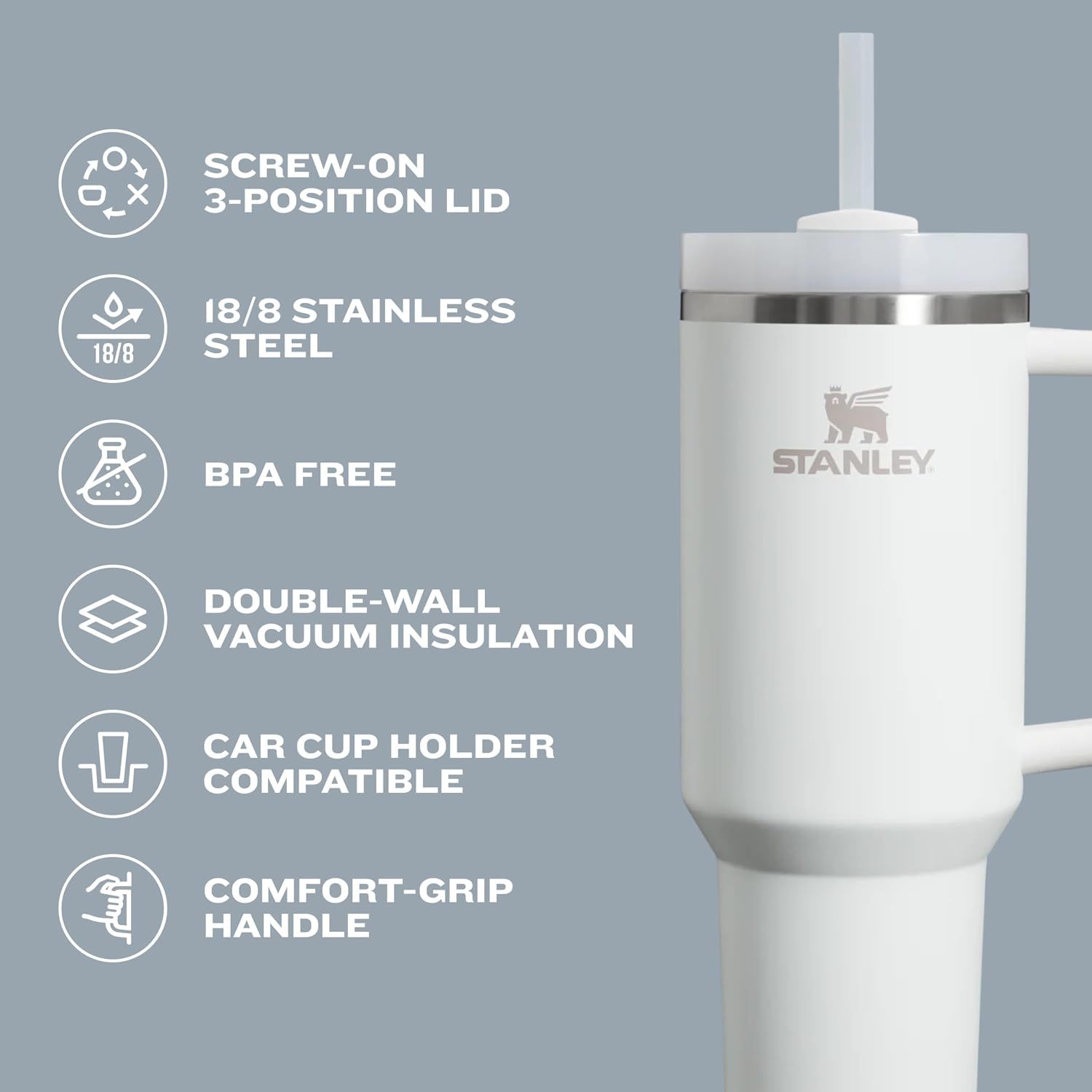 Highlights six distinct product features in a segmented icon layout to communicate multiple benefits including safety, material quality, insulation, and convenience.