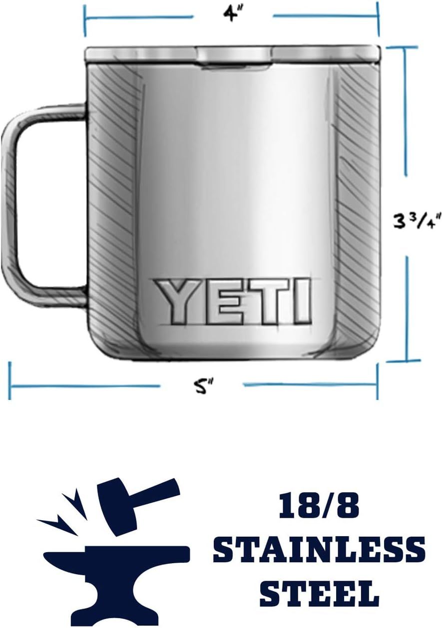 Shows the exact physical dimensions of the mug (4 inches wide, 5 inches across, 3 3/4 inches tall) and highlights the durable 18/8 stainless steel construction to help shoppers understand the…